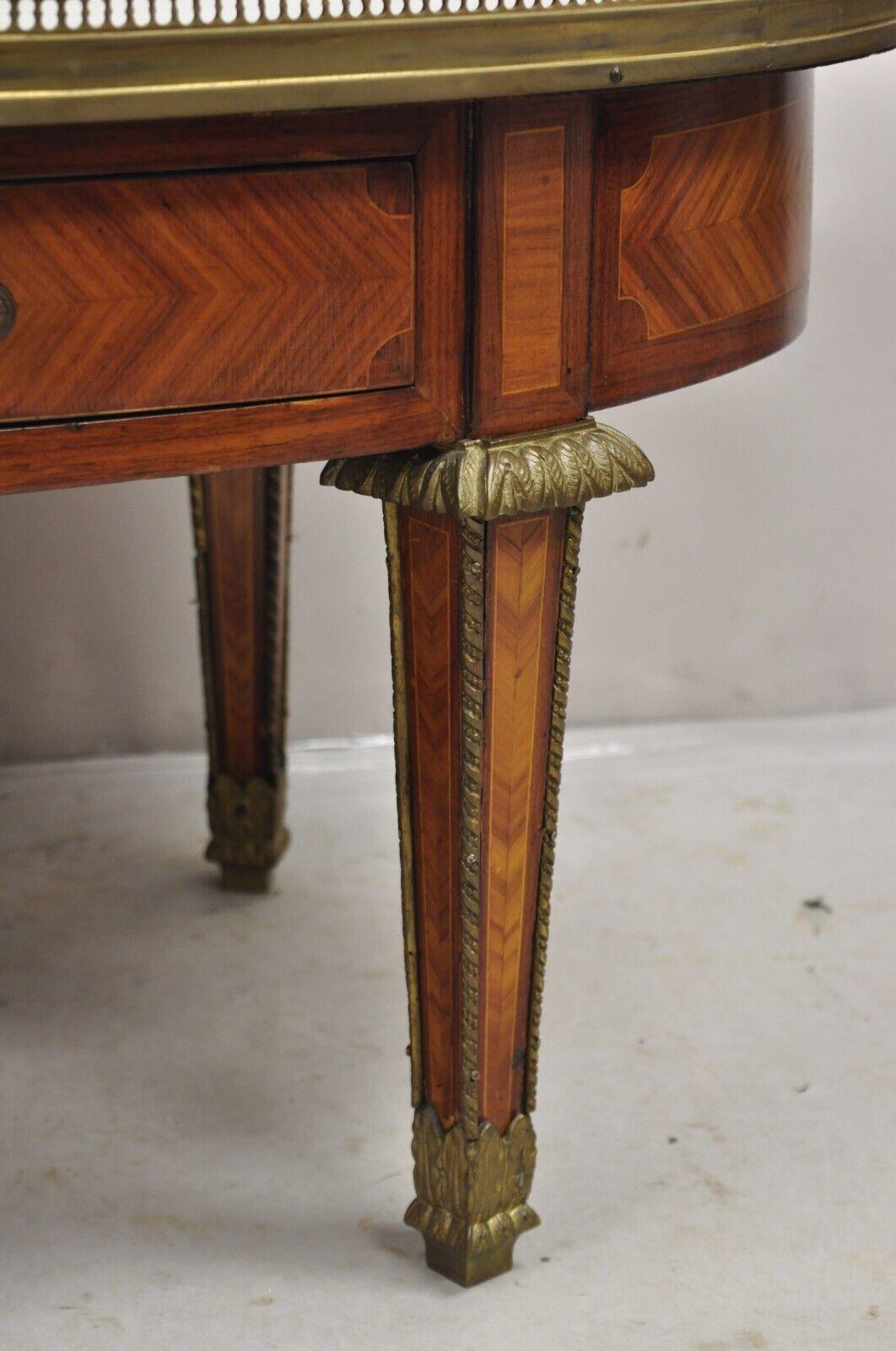 French Louis XVI Style Oval Marble Top Bronze & Satinwood Coffee Table w/ Drawer 1
