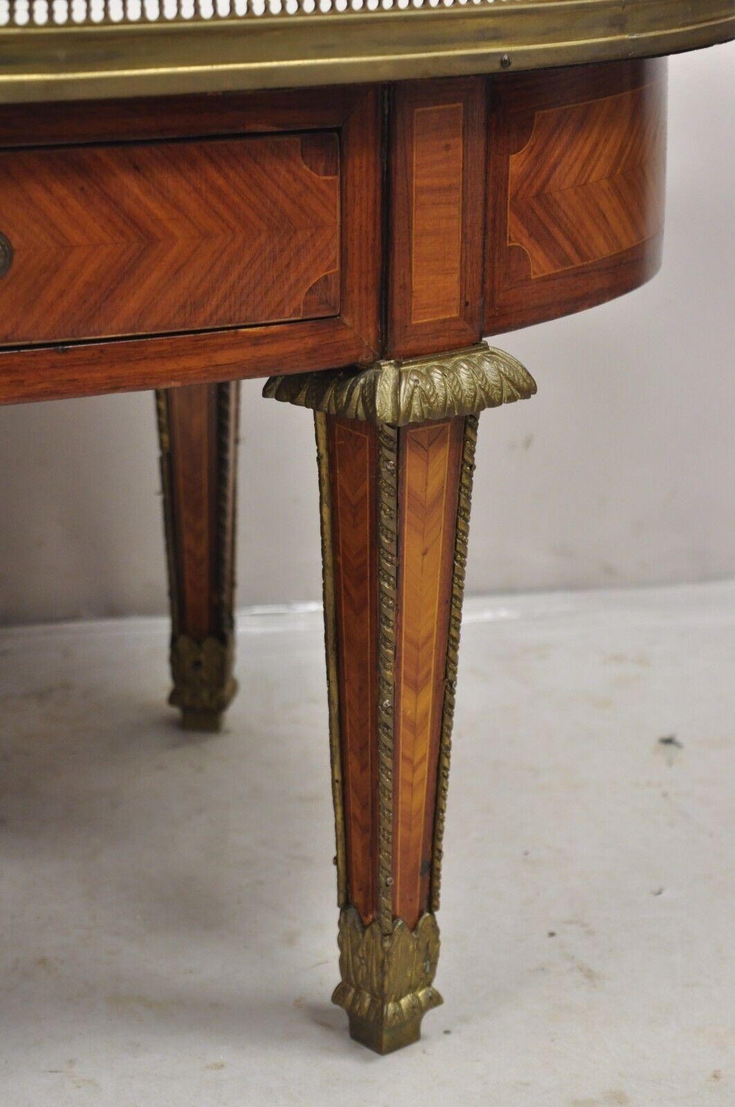 French Louis XVI Style Oval Marble Top Bronze & Satinwood Coffee Table w/ Drawer For Sale 2