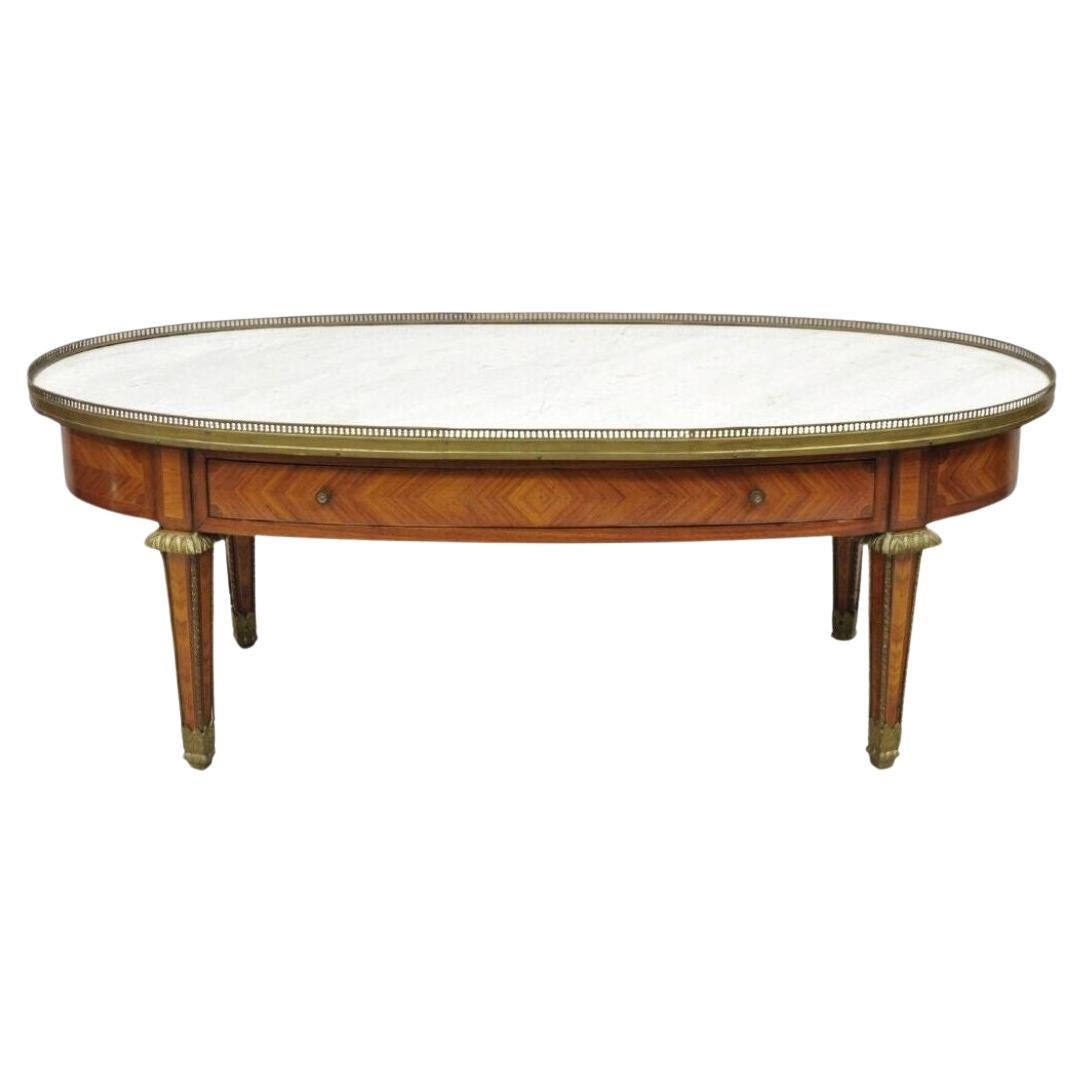 French Louis XVI Style Oval Marble Top Bronze & Satinwood Coffee Table w/ Drawer For Sale