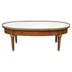 Vintage French Louis XVI Style Oval Marble Top Bronze & Satinwood Coffee Table w/ Drawer
