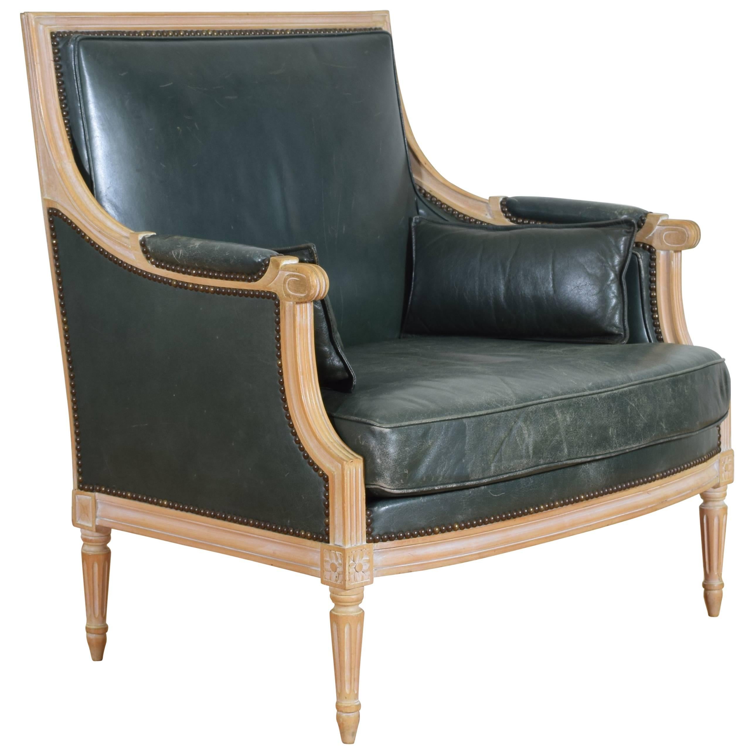 French Louis XVI Style Oversized Leather Upholstered Bergere, Mid-20th Century