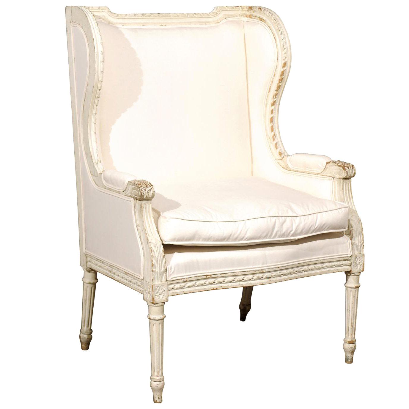 French Louis XVI Style Painted and Upholstered Bergère Chair with Custom Cushion at 1stDibs
