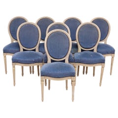 French Louis XVI Style Painted and Upholstered Dining Chairs Set of Eight