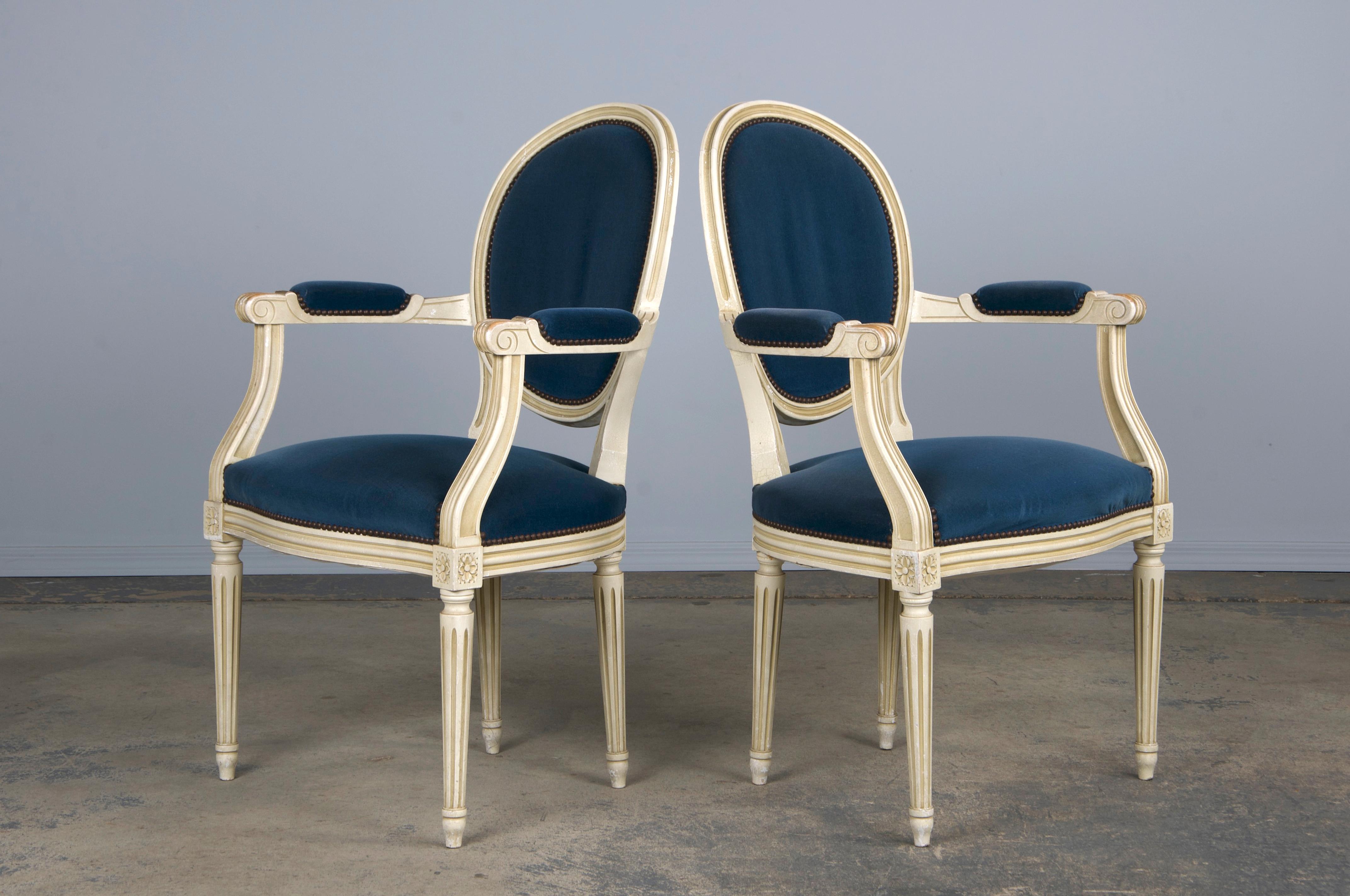 French Louis XVI Style Painted Armchairs W/ Dark Blue Velvet - A Pair 6