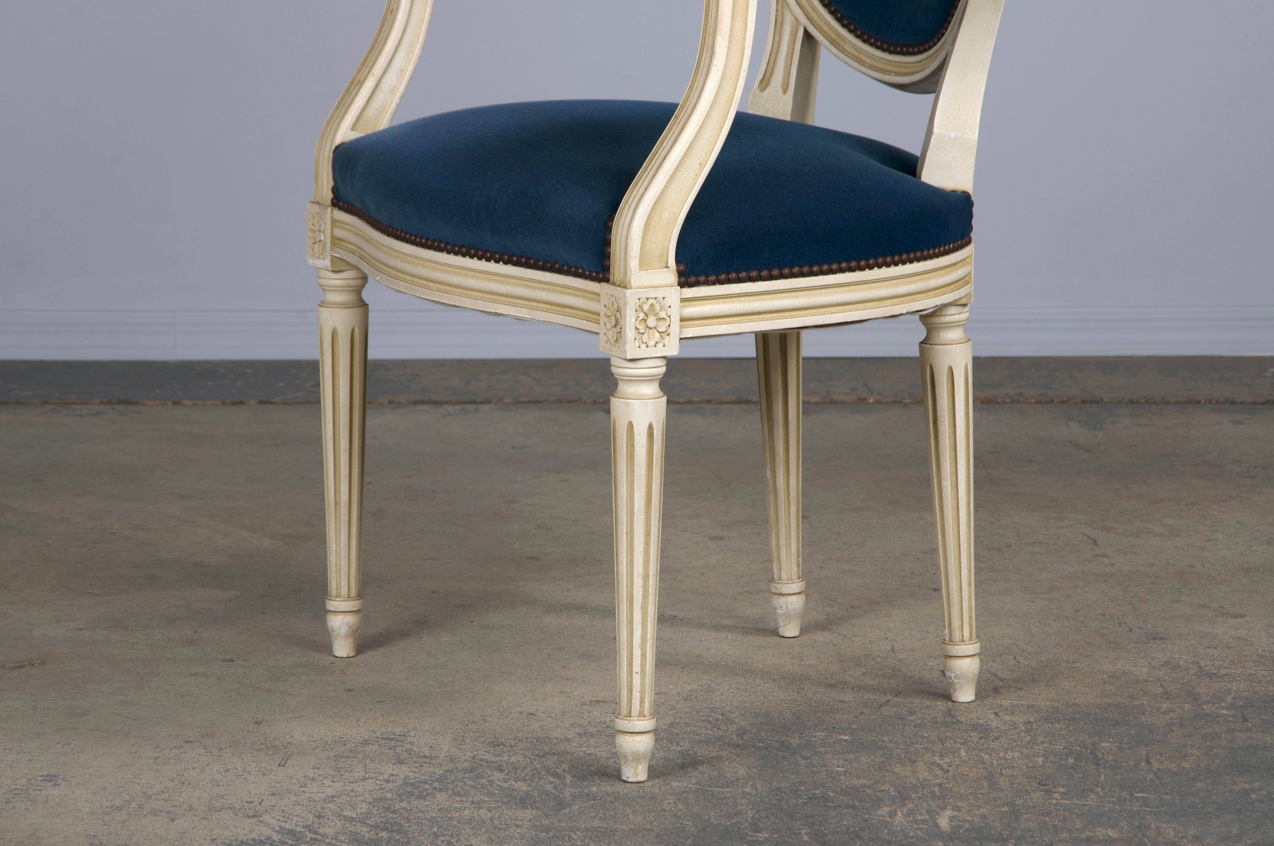 French Louis XVI Style Painted Armchairs W/ Dark Blue Velvet - A Pair 7