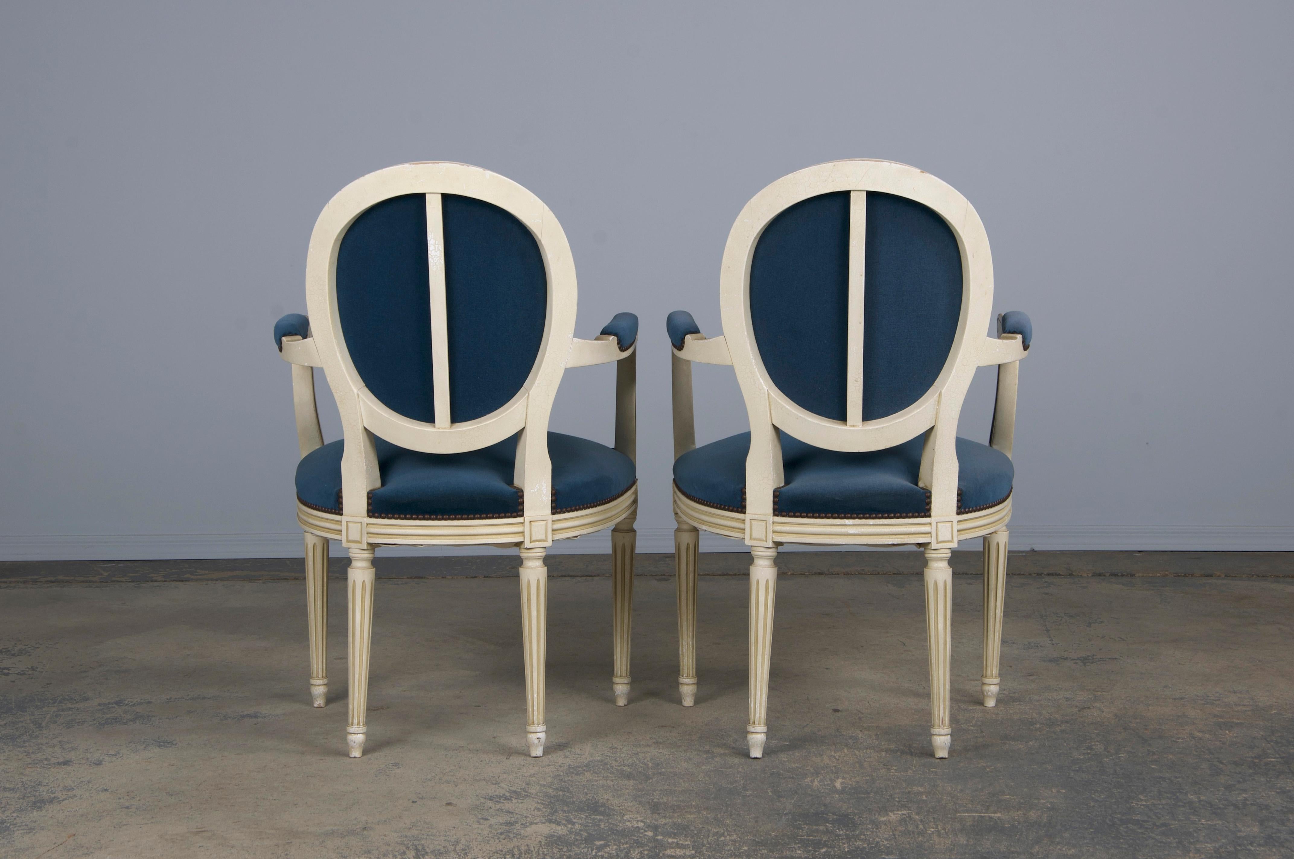 French Louis XVI Style Painted Armchairs W/ Dark Blue Velvet - A Pair 9