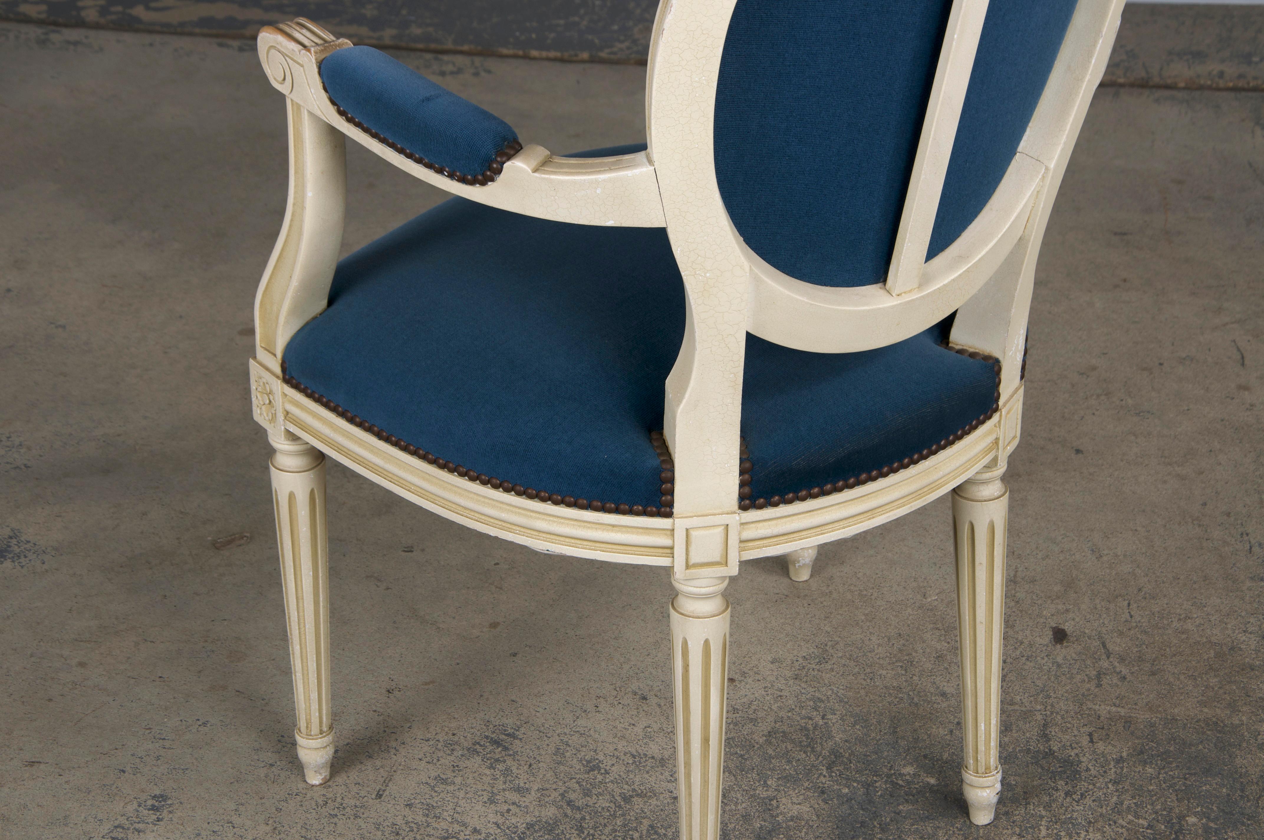 French Louis XVI Style Painted Armchairs W/ Dark Blue Velvet - A Pair 10