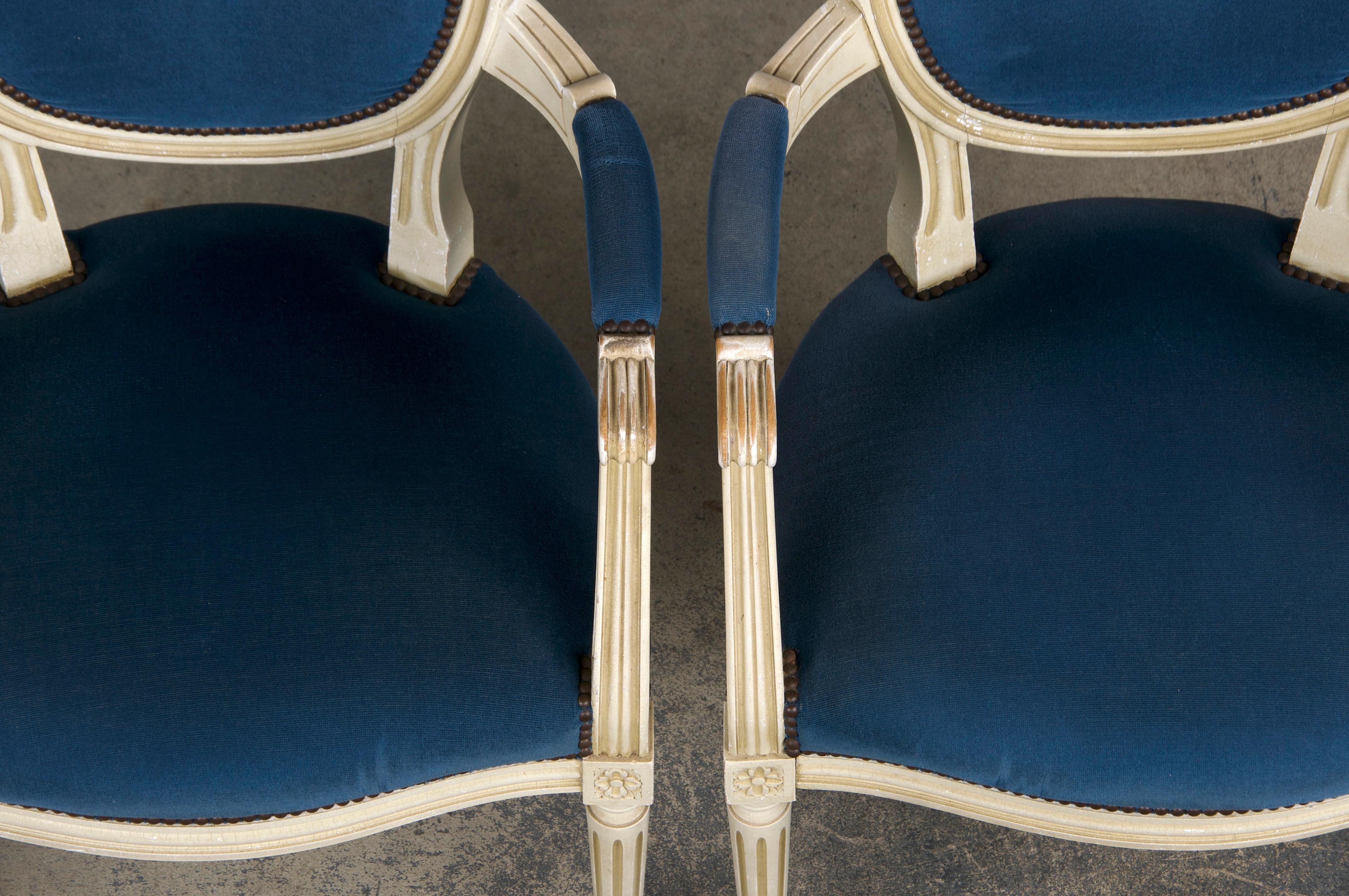 Hand-Carved French Louis XVI Style Painted Armchairs W/ Dark Blue Velvet - A Pair