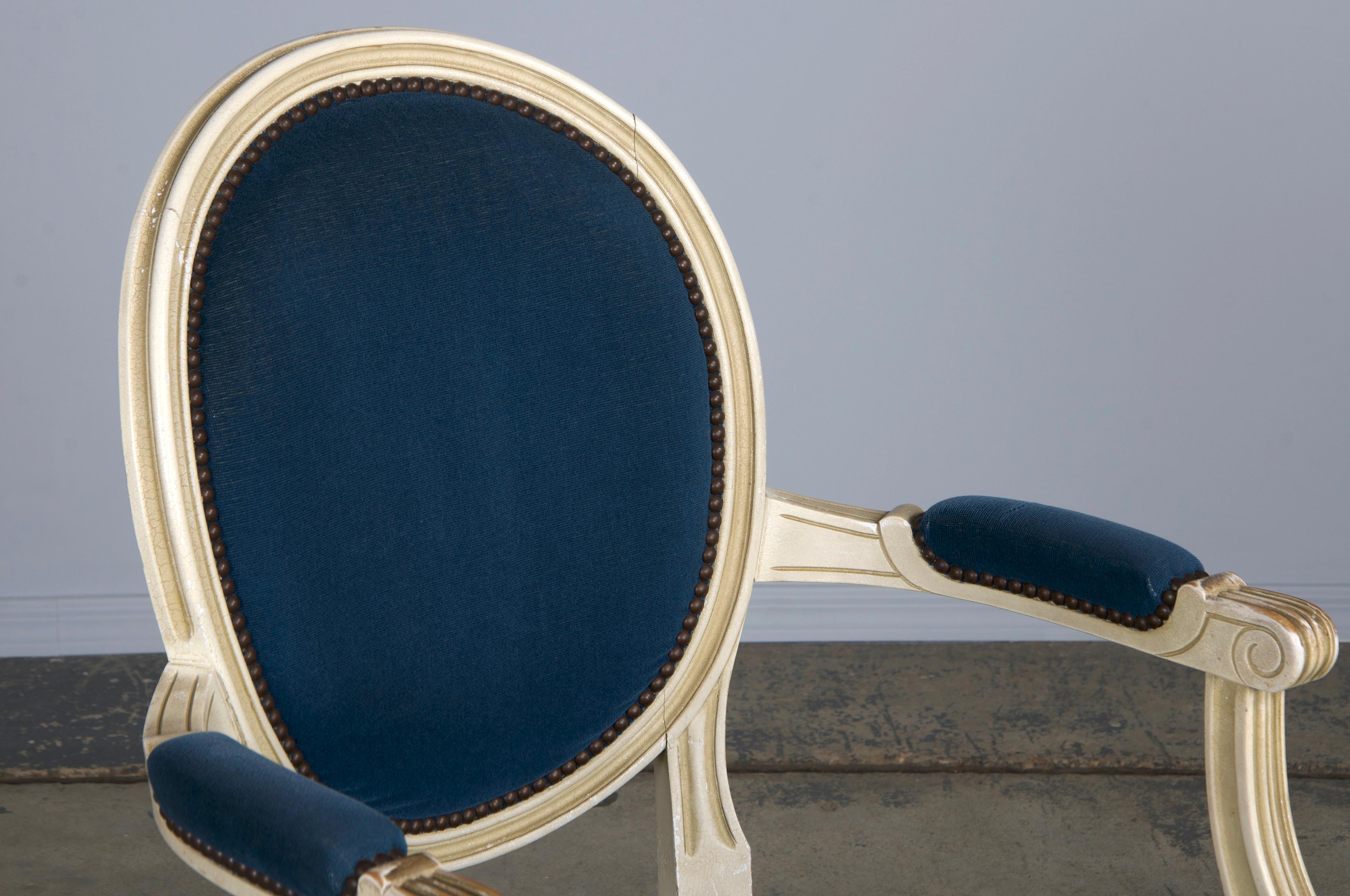 20th Century French Louis XVI Style Painted Armchairs W/ Dark Blue Velvet - A Pair