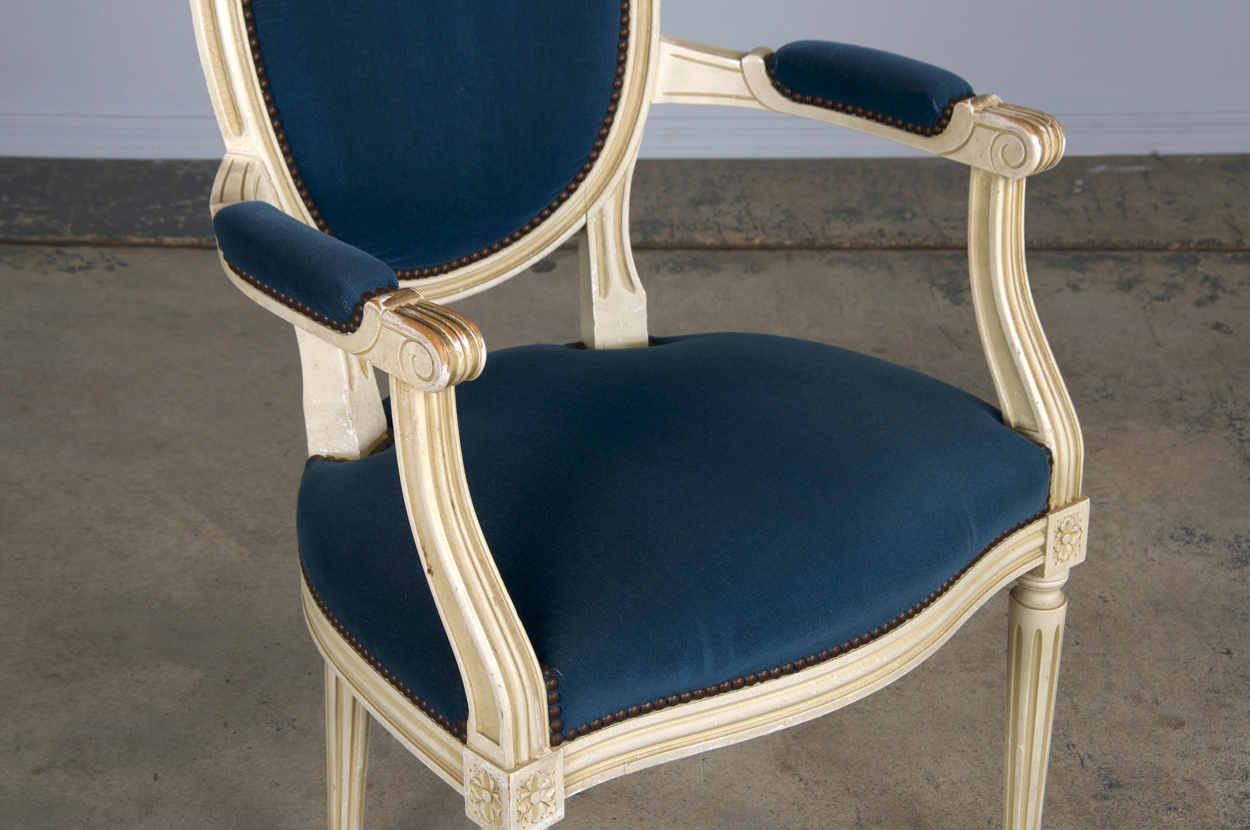 French Louis XVI Style Painted Armchairs W/ Dark Blue Velvet - A Pair 1