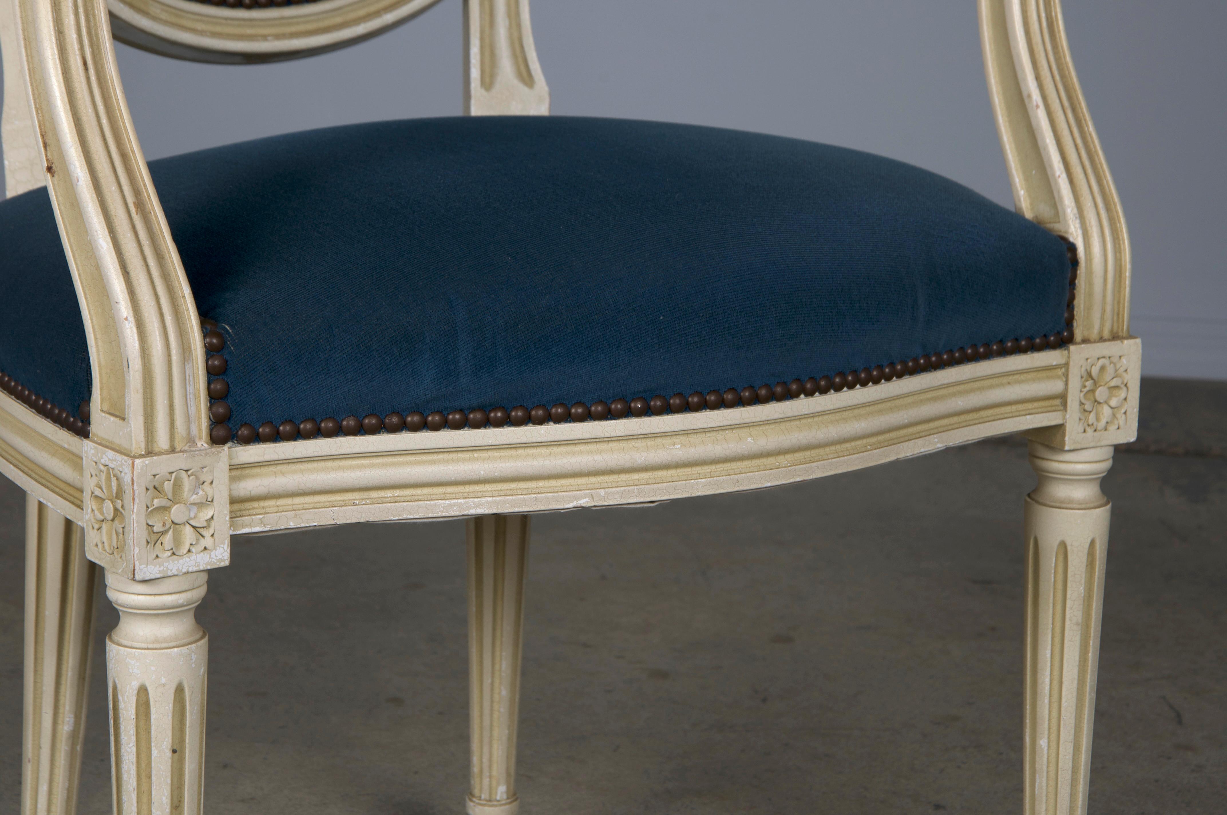 French Louis XVI Style Painted Armchairs W/ Dark Blue Velvet - A Pair 2