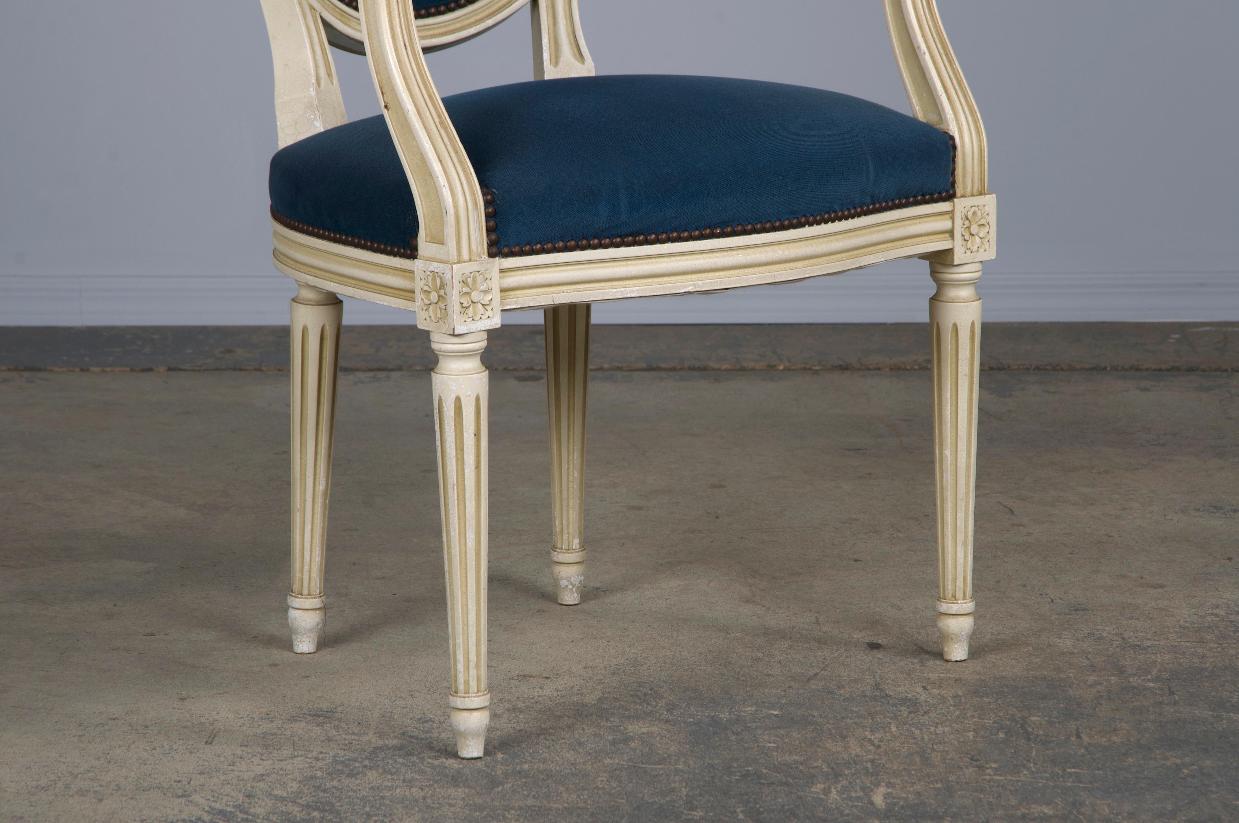 French Louis XVI Style Painted Armchairs W/ Dark Blue Velvet - A Pair 3
