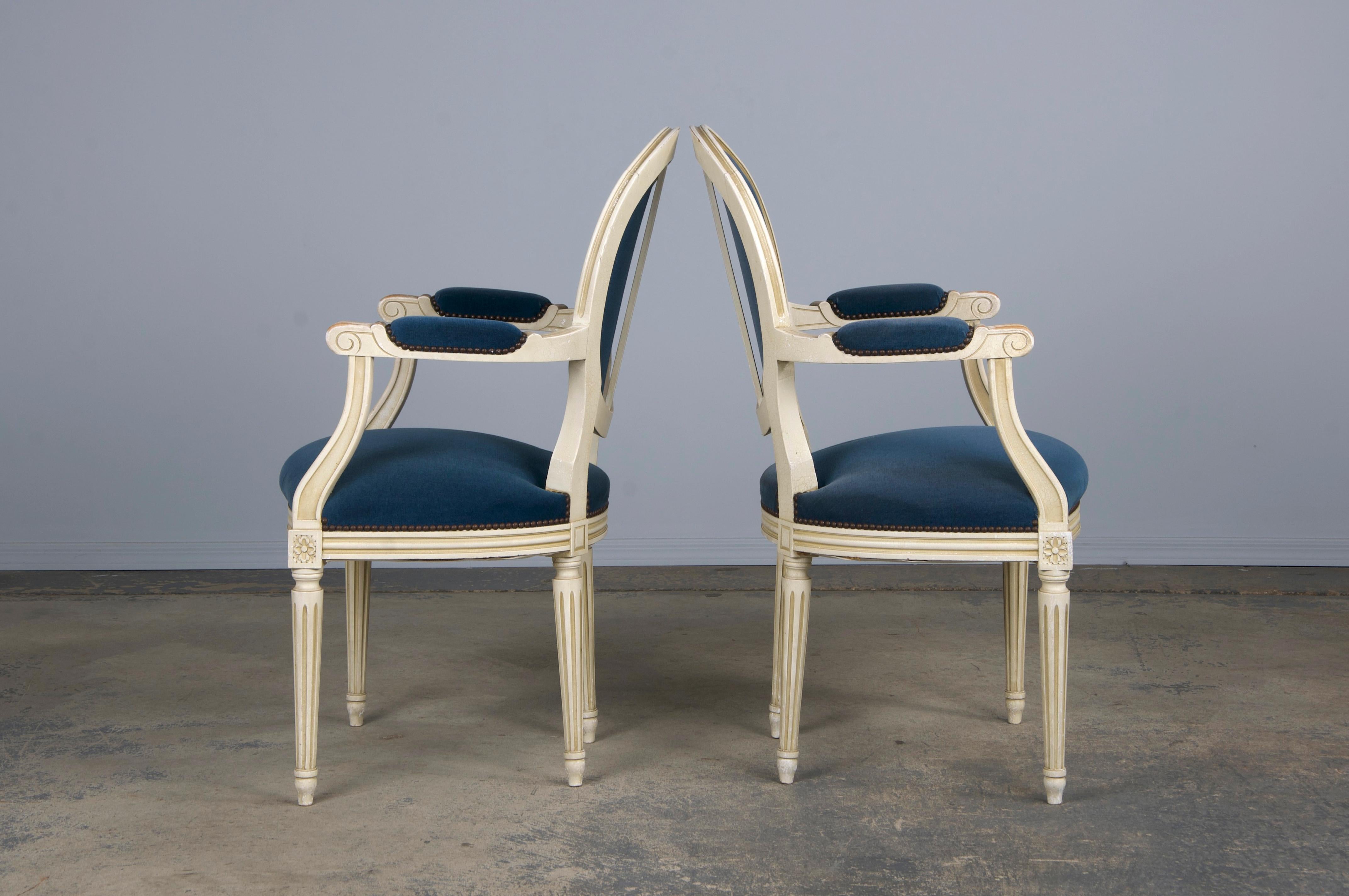 French Louis XVI Style Painted Armchairs W/ Dark Blue Velvet - A Pair 4