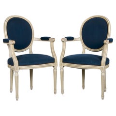 French Louis XVI Style Painted Armchairs W/ Dark Blue Velvet - A Pair