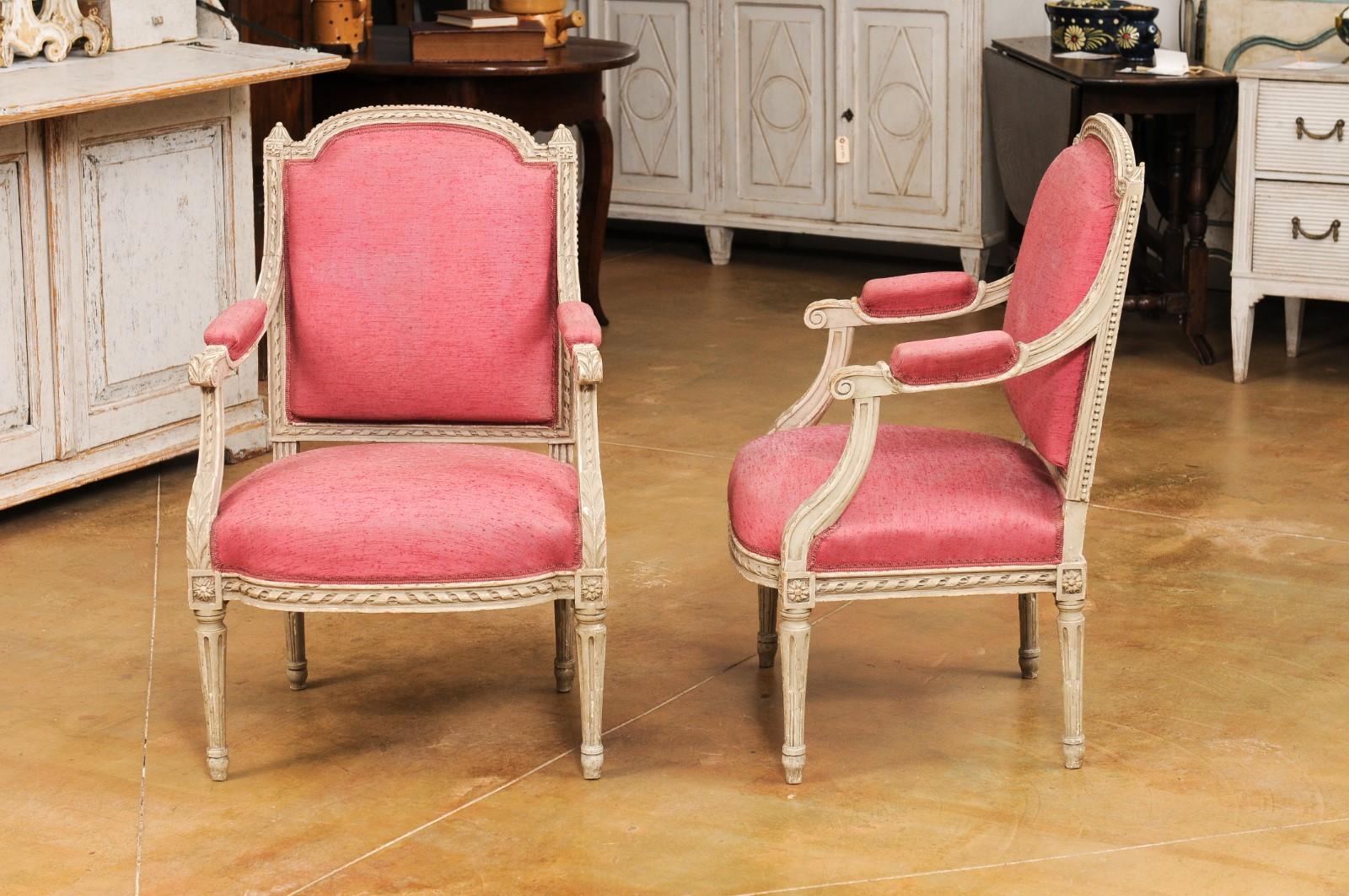 French Louis XVI Style Painted Armchairs with Richly Carved Décor, Sold Each For Sale 5