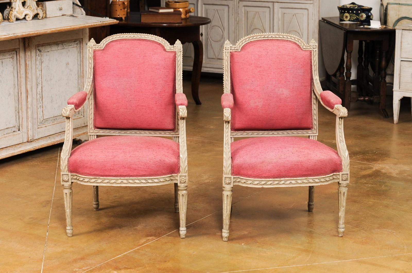 French Louis XVI Style Painted Armchairs with Richly Carved Décor, Sold Each For Sale 7