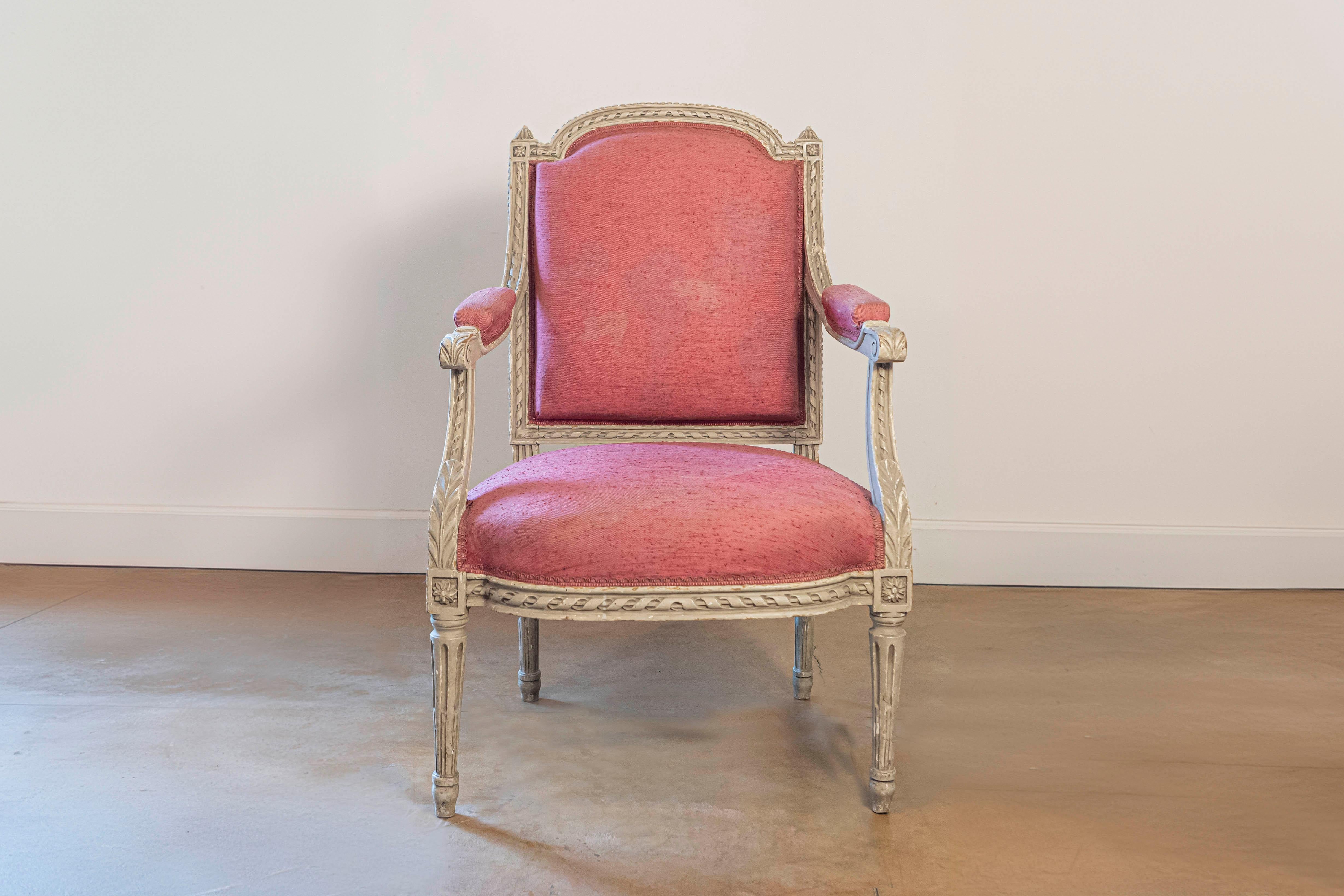 French Louis XVI Style Painted Armchairs with Richly Carved Décor, Sold Each In Good Condition For Sale In Atlanta, GA