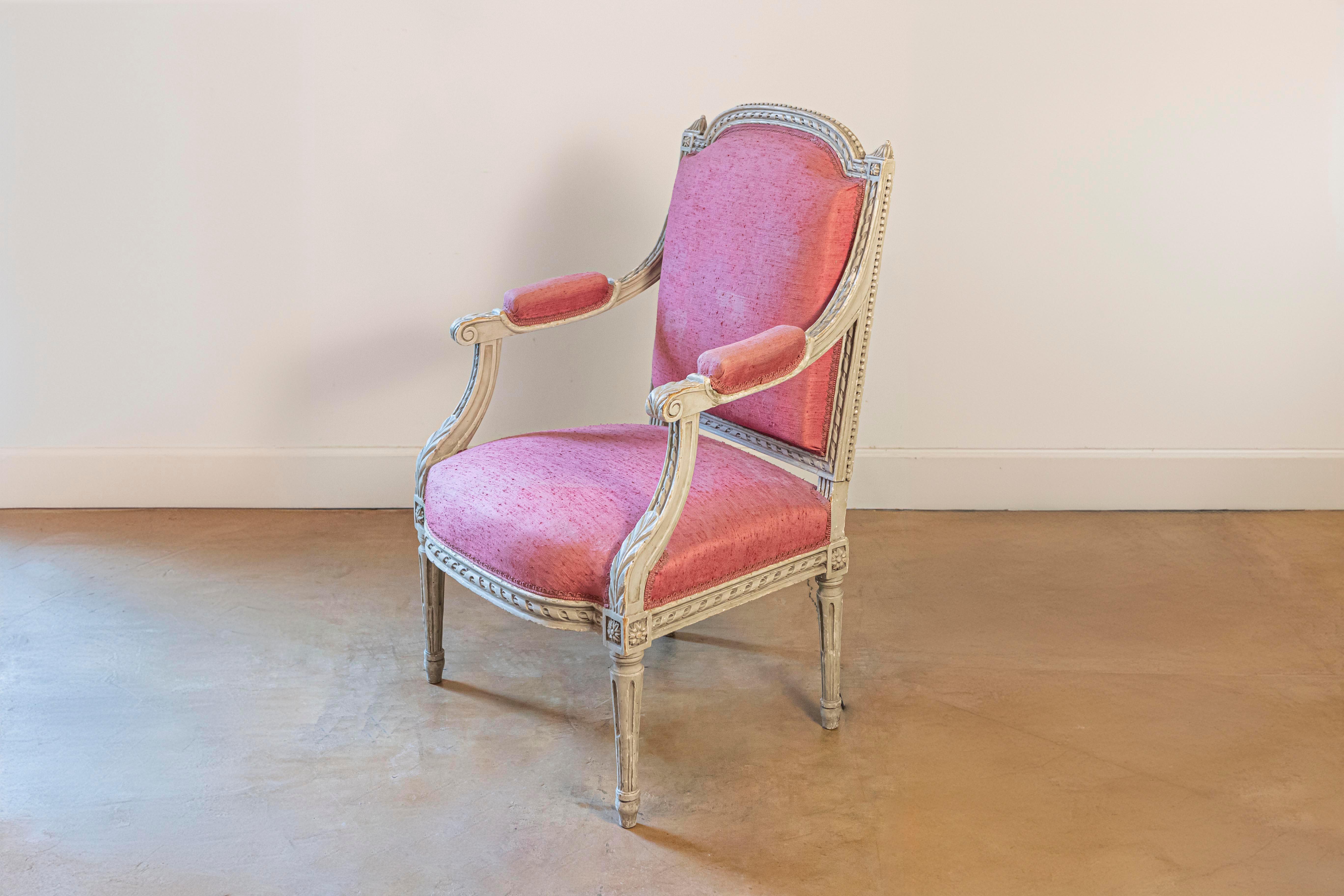 19th Century French Louis XVI Style Painted Armchairs with Richly Carved Décor, Sold Each For Sale