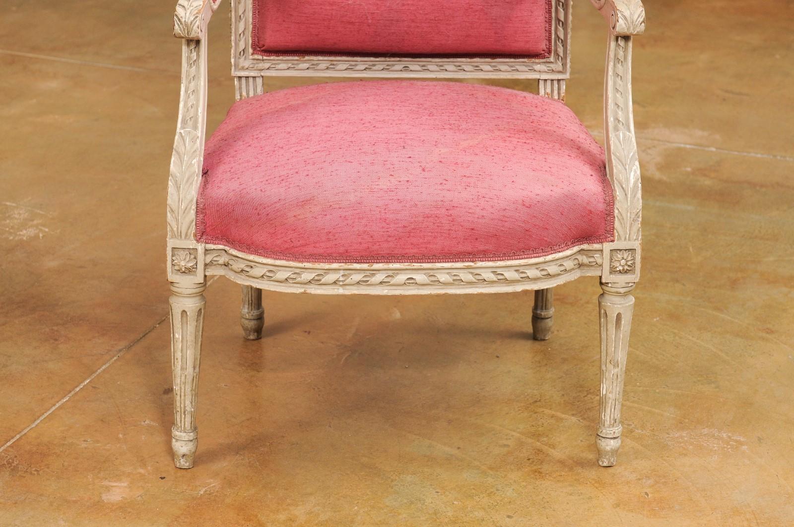 19th Century French Louis XVI Style Painted Armchairs with Richly Carved Décor, Sold Each For Sale