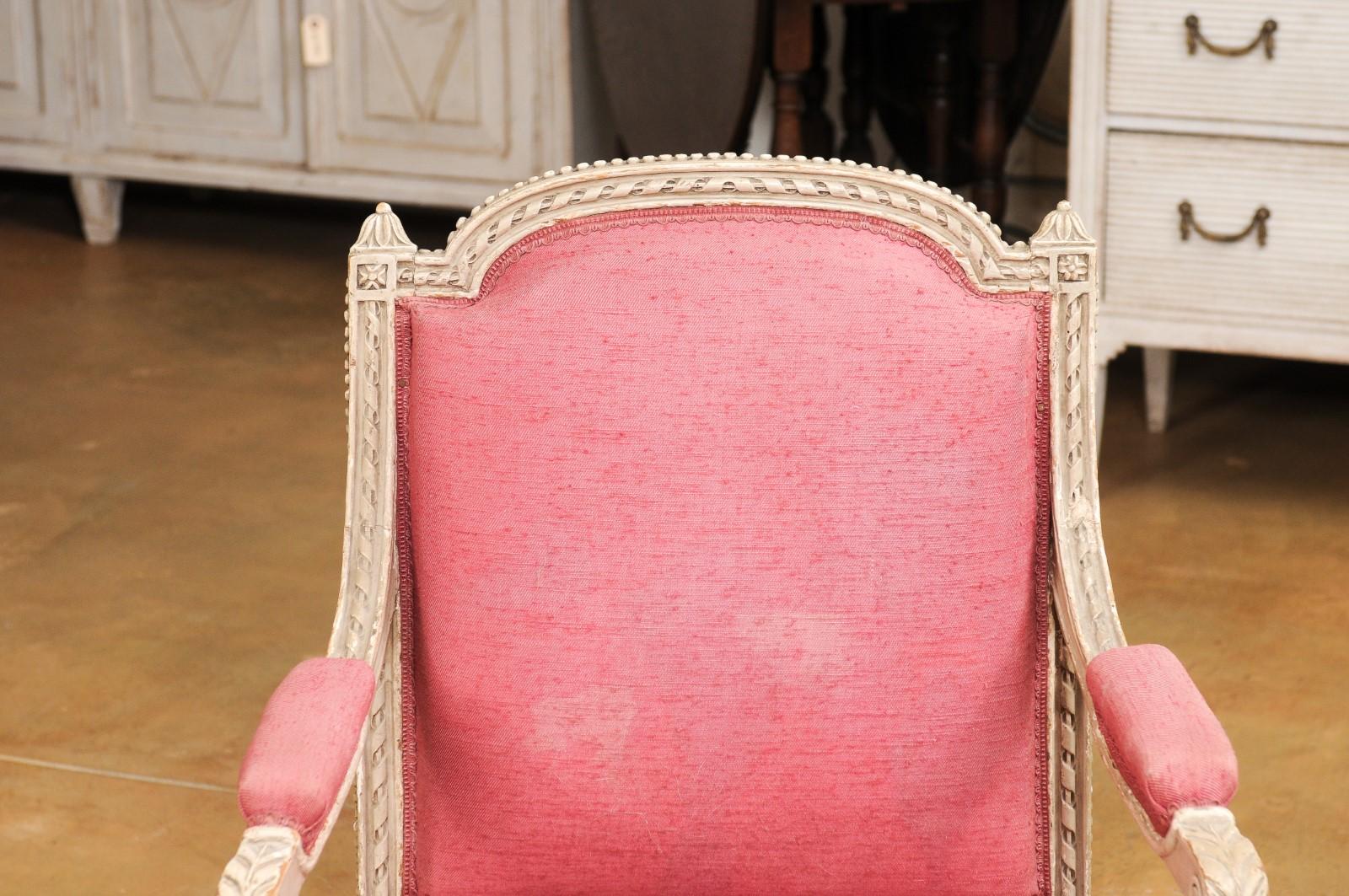 Upholstery French Louis XVI Style Painted Armchairs with Richly Carved Décor, Sold Each For Sale