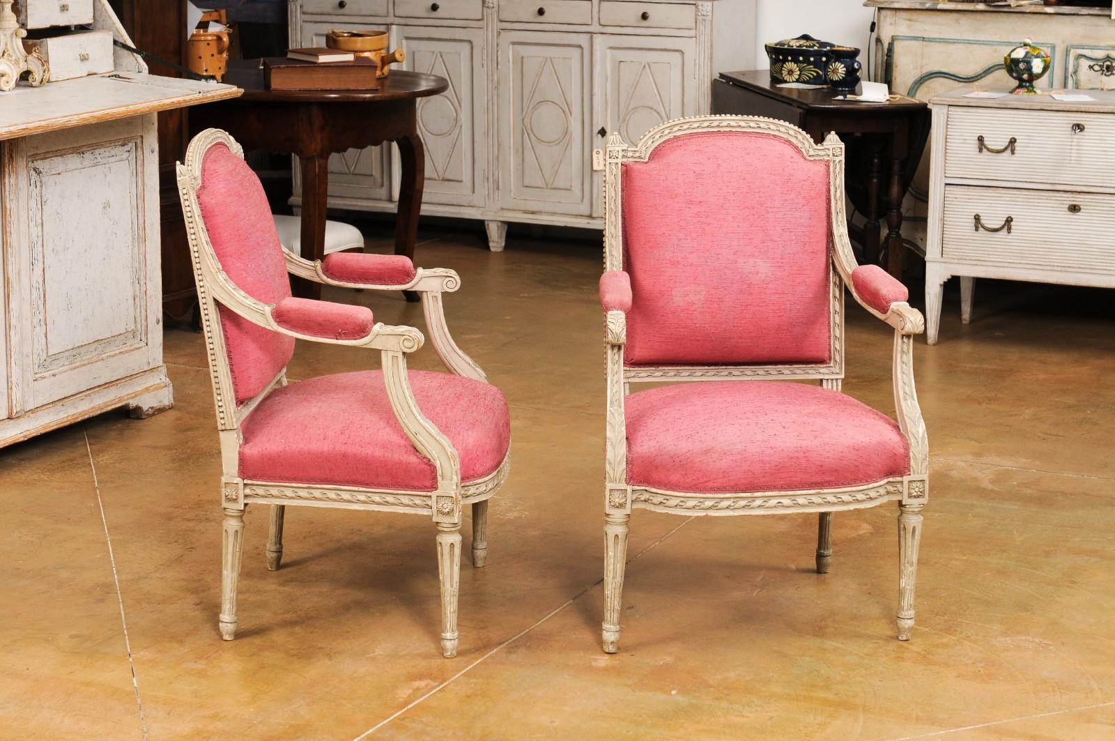 French Louis XVI Style Painted Armchairs with Richly Carved Décor, Sold Each For Sale 1