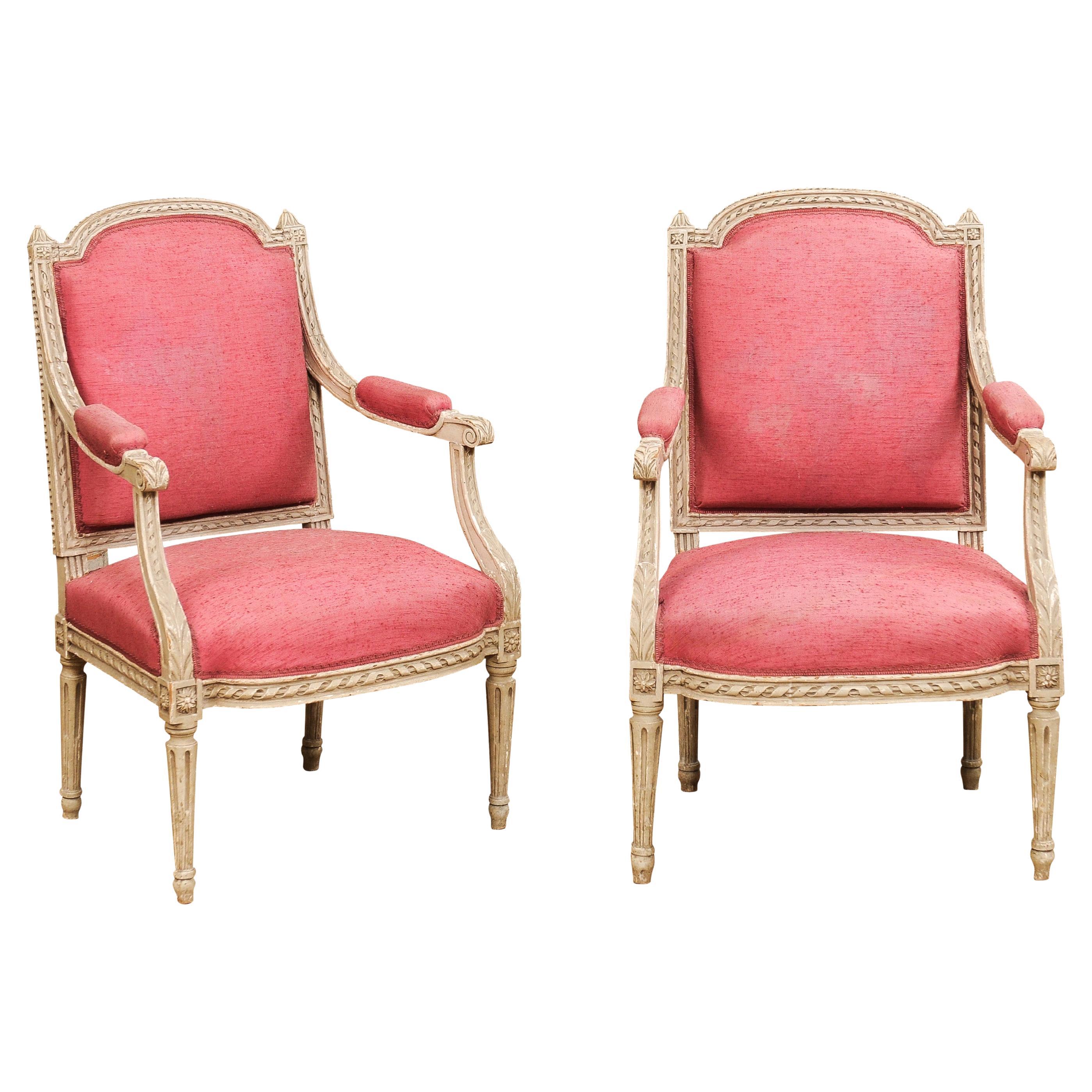 French Louis XVI Style Painted Armchairs with Richly Carved Décor, Sold Each