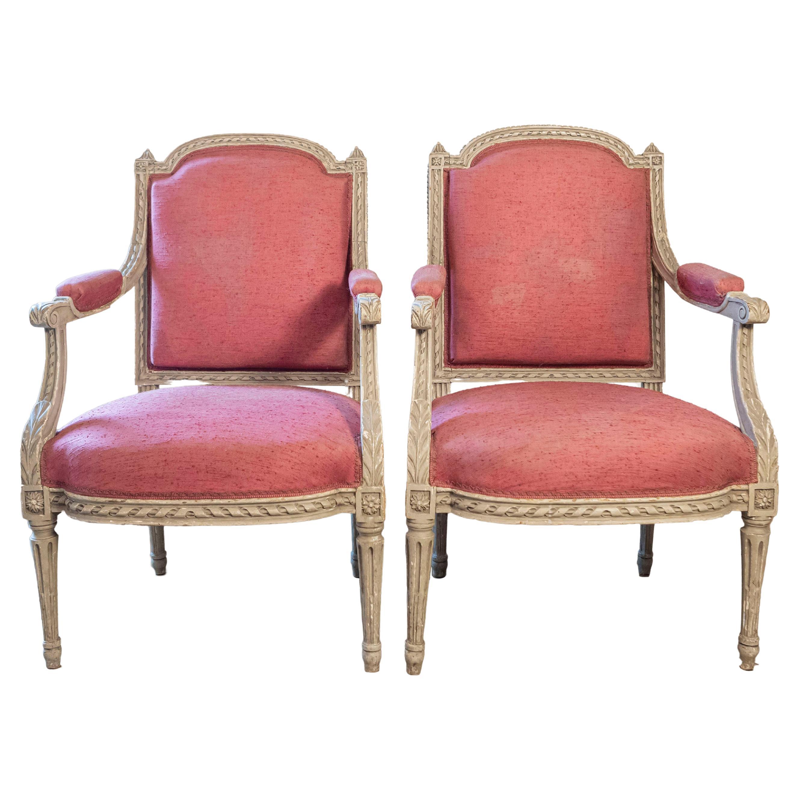 French Louis XVI Style Painted Armchairs with Richly Carved Décor, Sold Each