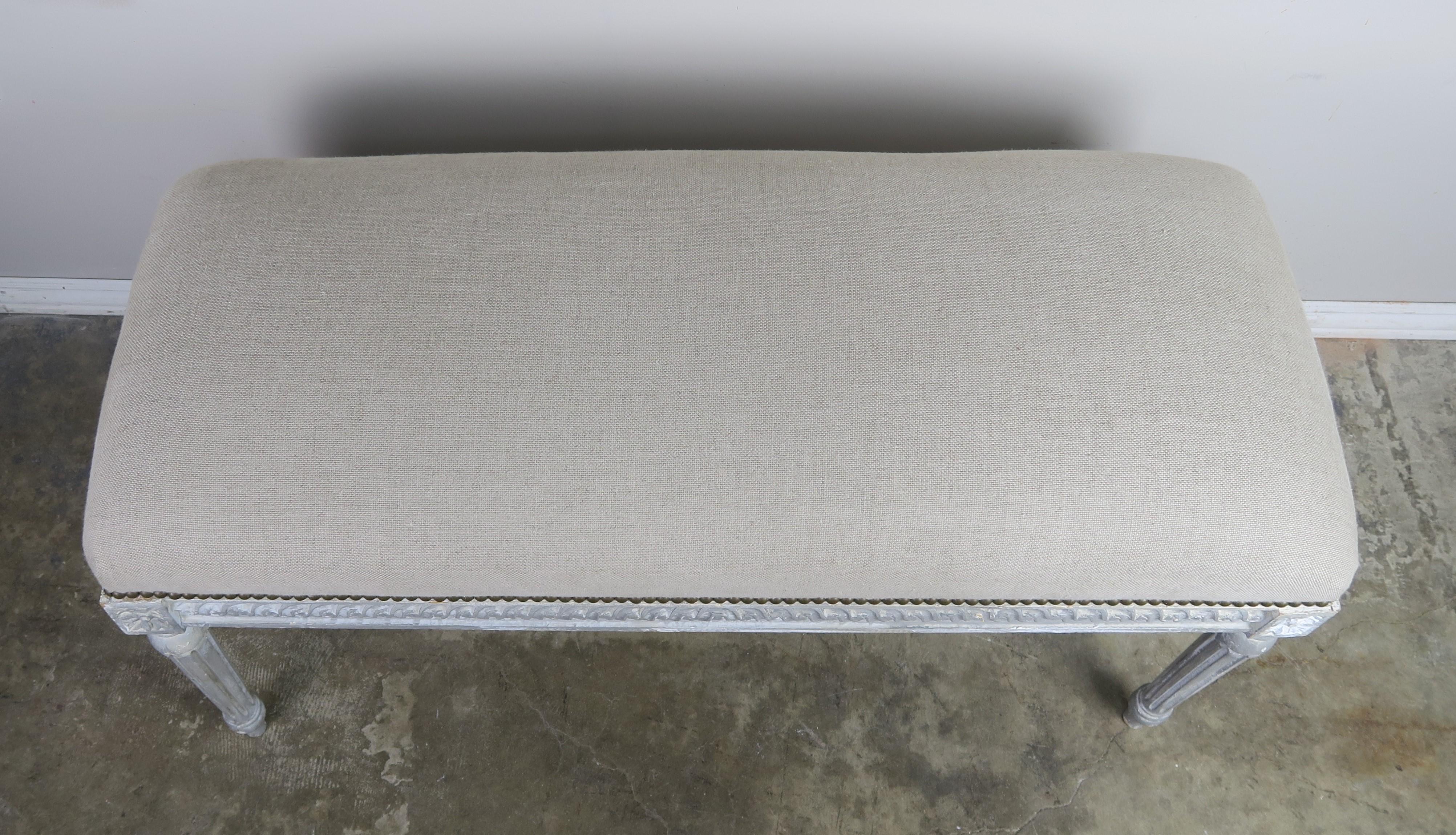 French Louis XVI Style Painted Belgium Linen Upholstered Bench 4
