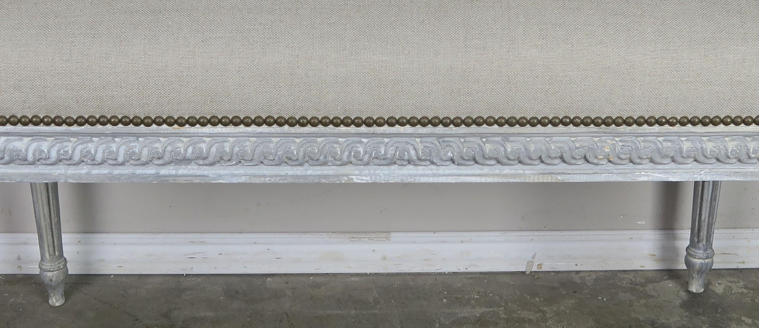 Neoclassical French Louis XVI Style Painted Belgium Linen Upholstered Bench
