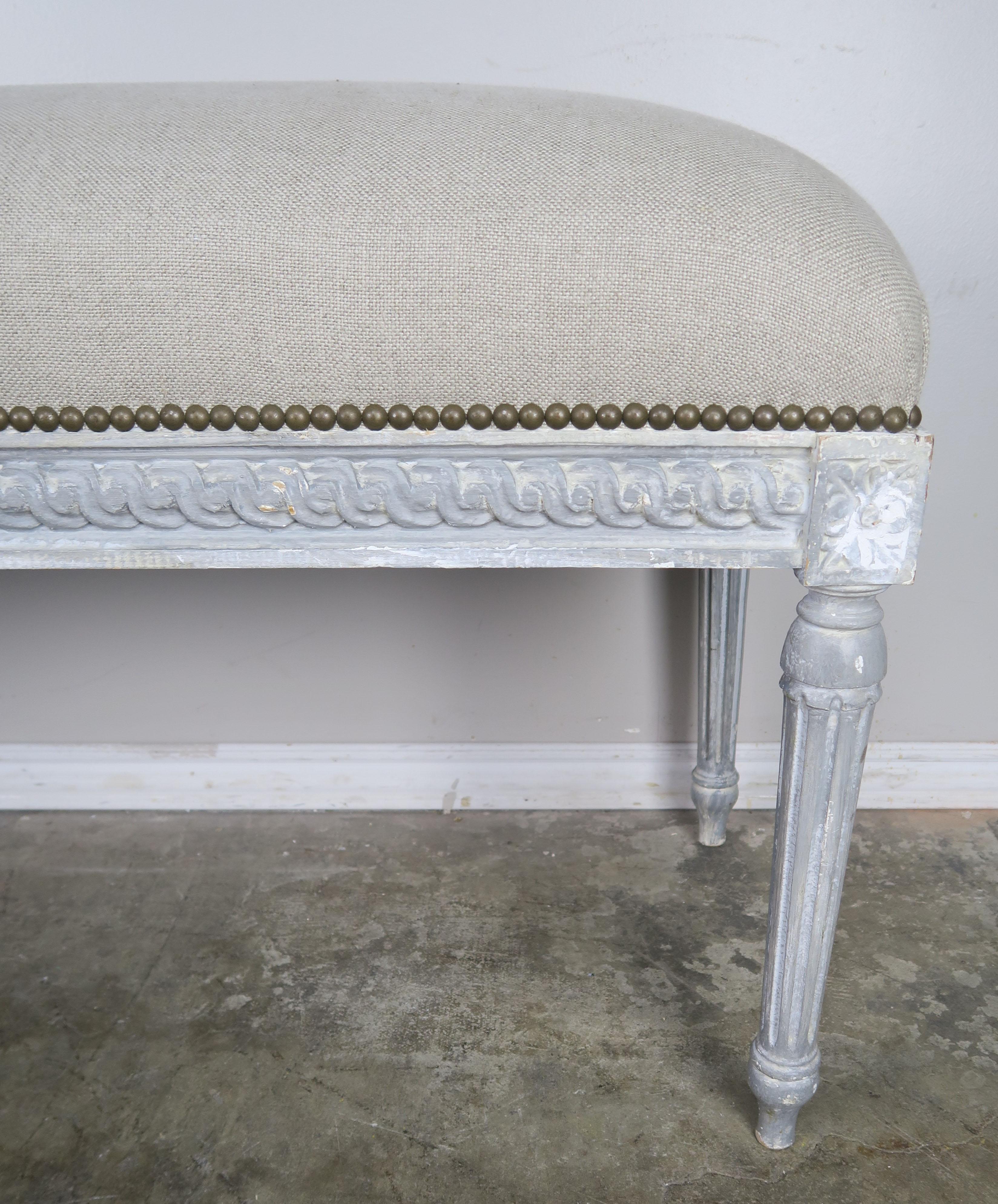 20th Century French Louis XVI Style Painted Belgium Linen Upholstered Bench