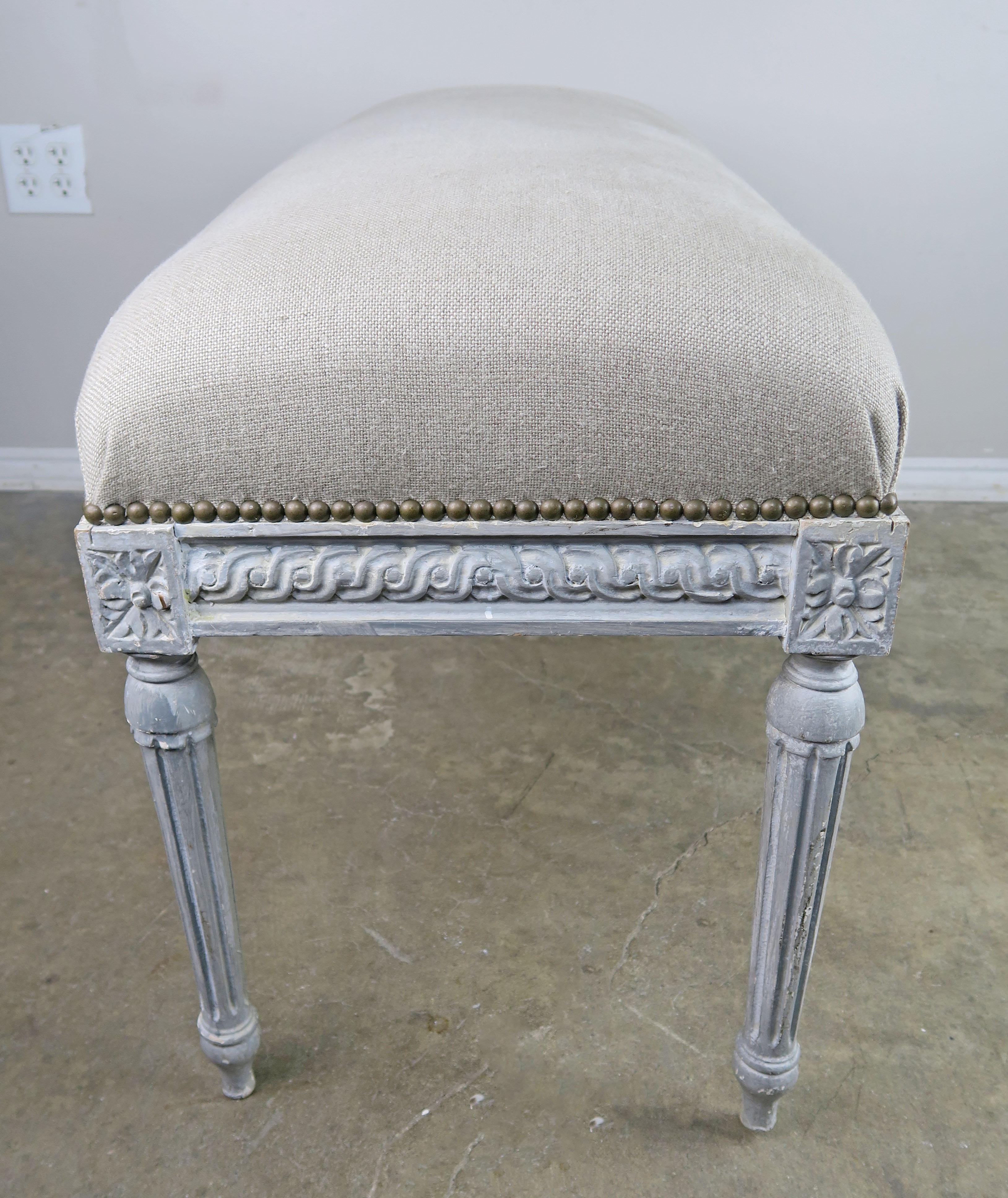 French Louis XVI Style Painted Belgium Linen Upholstered Bench 1