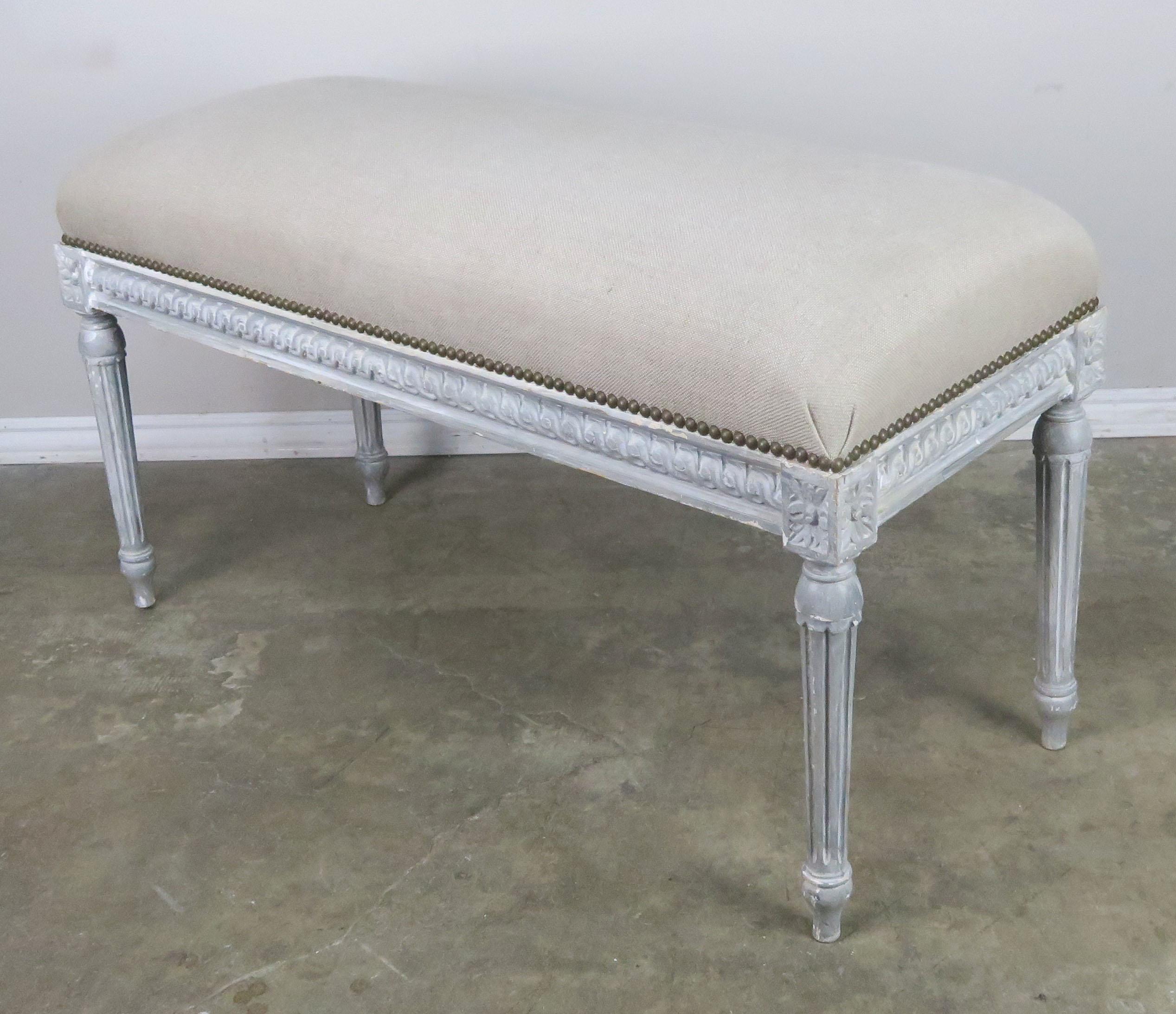 French Louis XVI Style Painted Belgium Linen Upholstered Bench 3