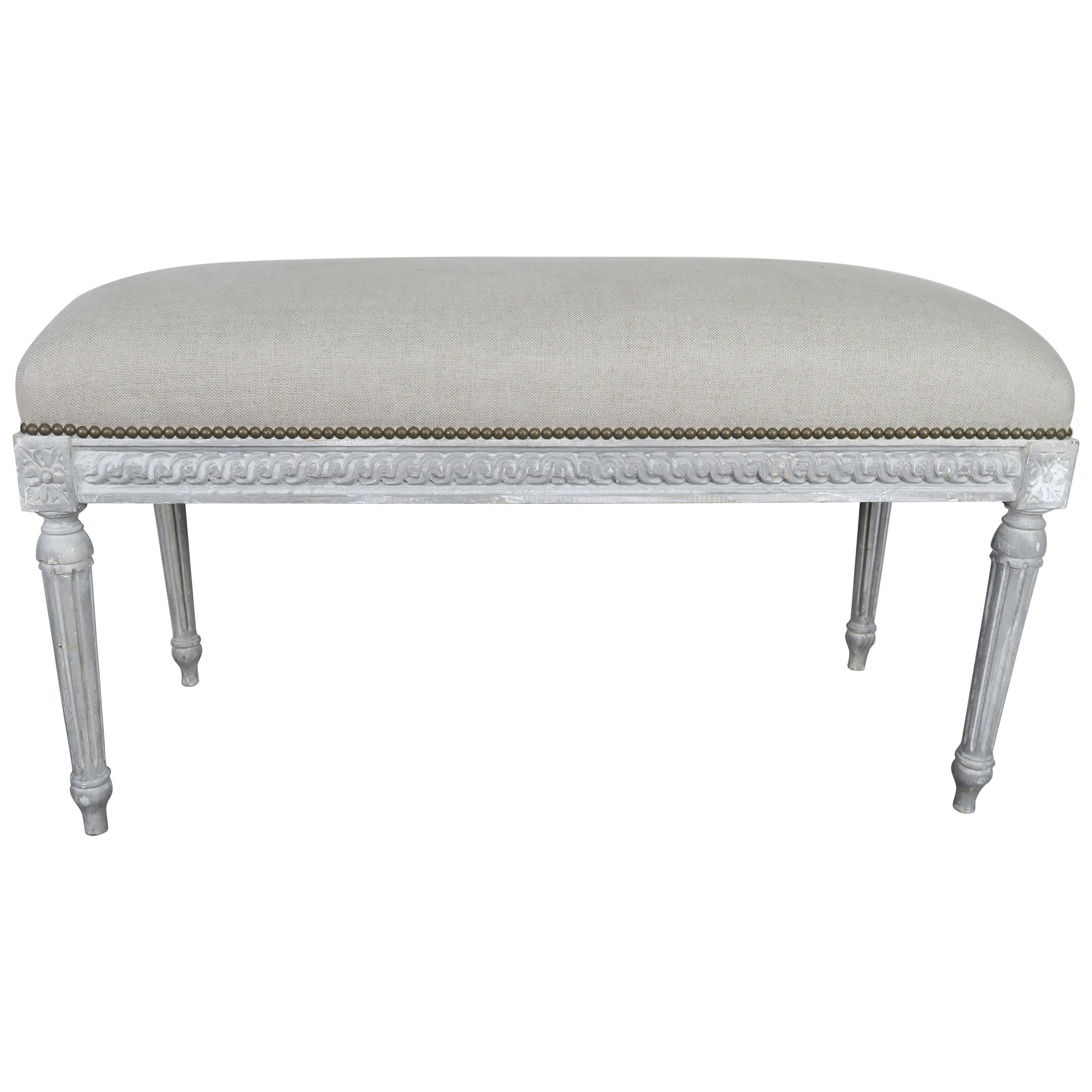 French Louis XVI Style Painted Belgium Linen Upholstered Bench
