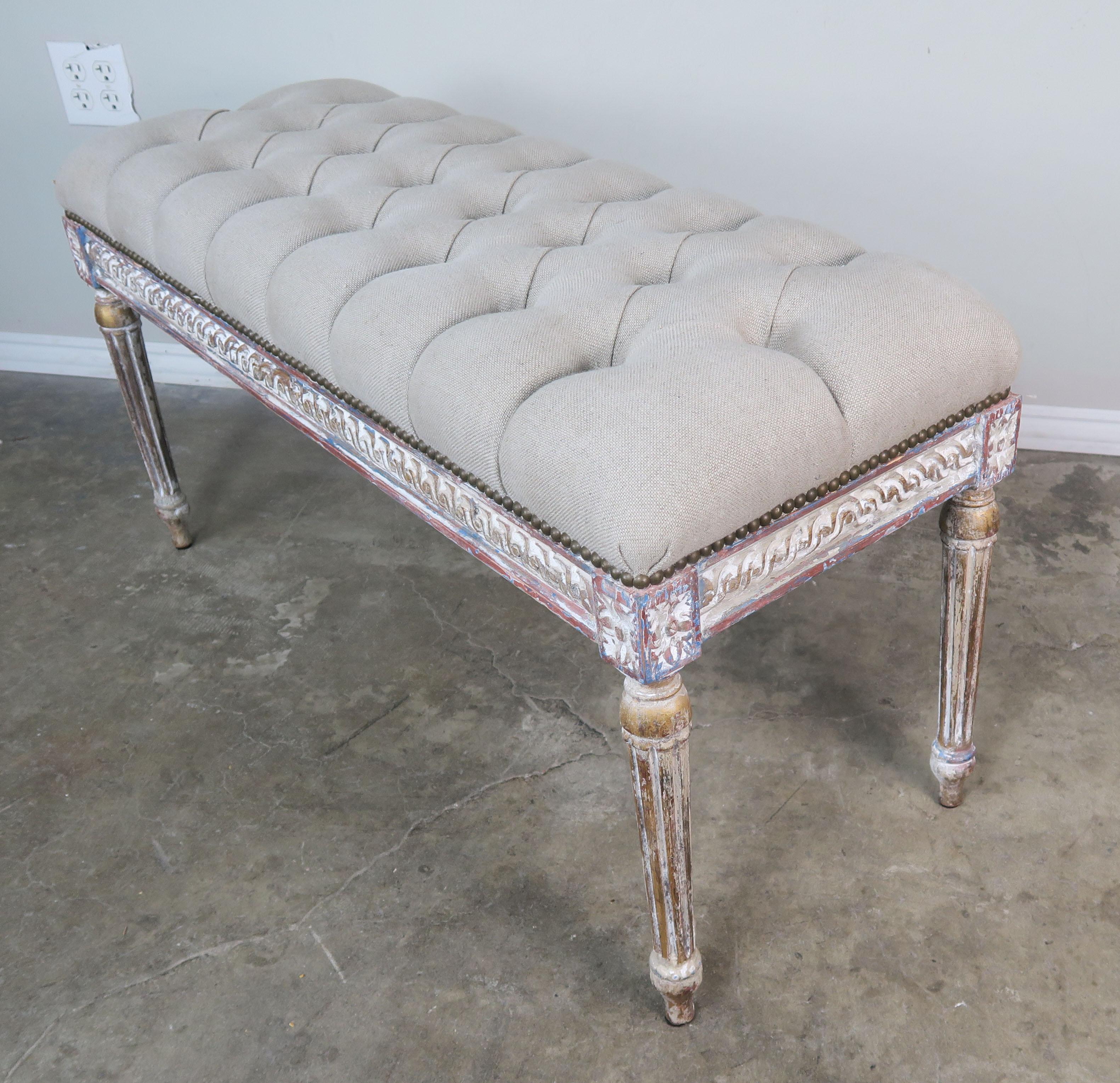 French Louis XVI Style Painted Bench, circa 1930 In Distressed Condition In Los Angeles, CA
