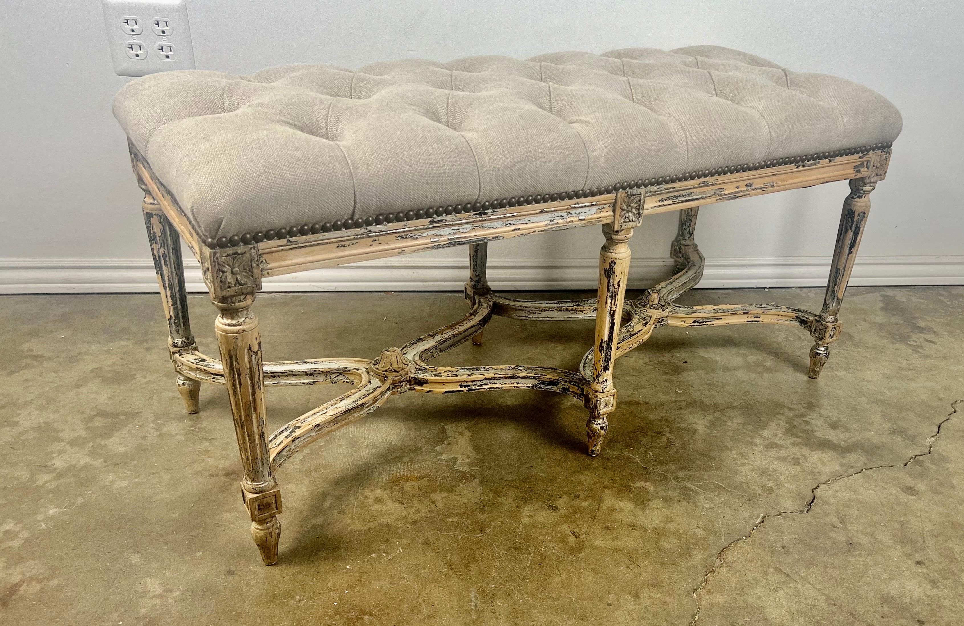 French Louis XVI Style Painted Bench w/ Belgium Linen For Sale 7