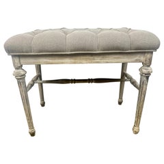 French Louis XVI Style Painted Bench w/ Belgium Linen