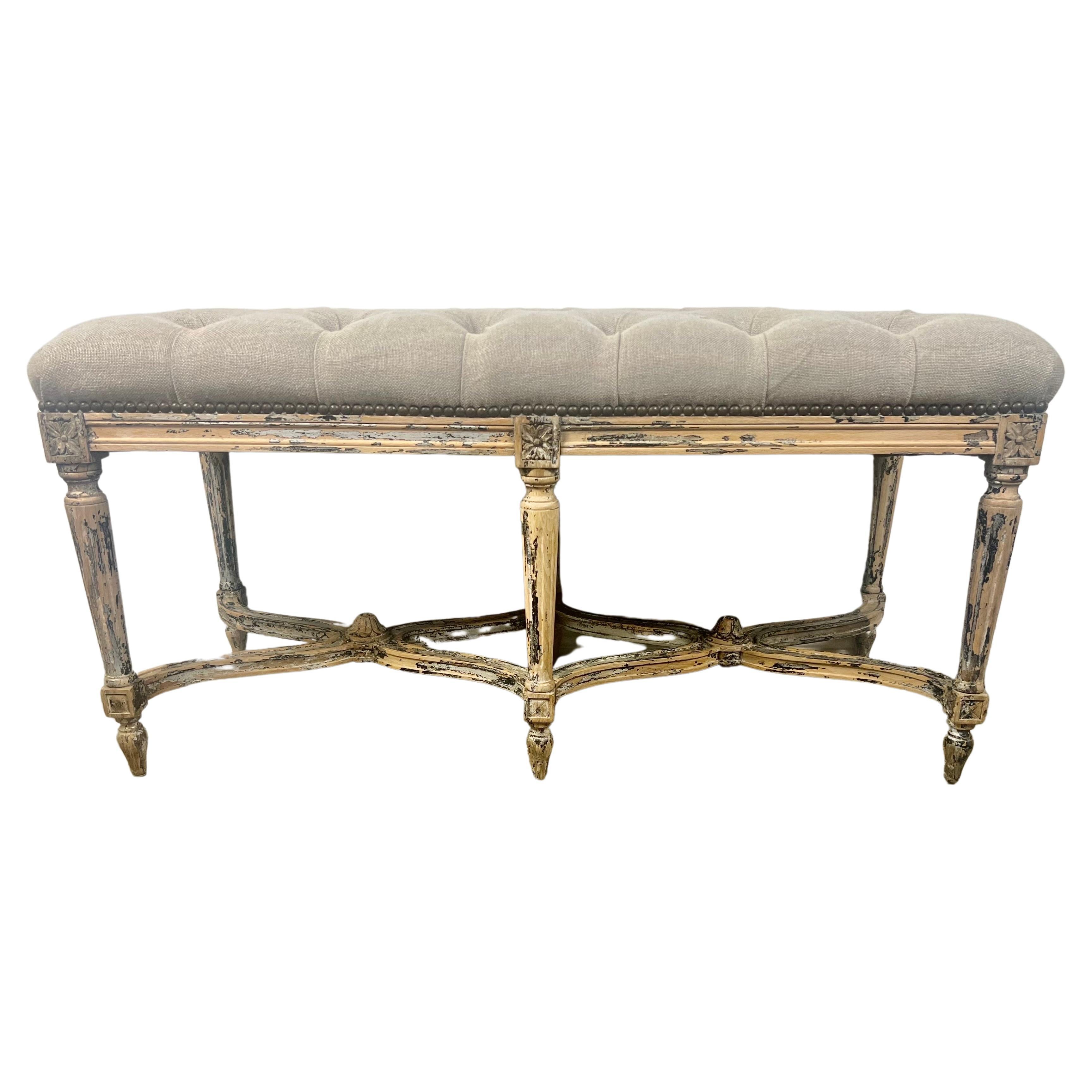 French Louis XVI Style Painted Bench w/ Belgium Linen For Sale