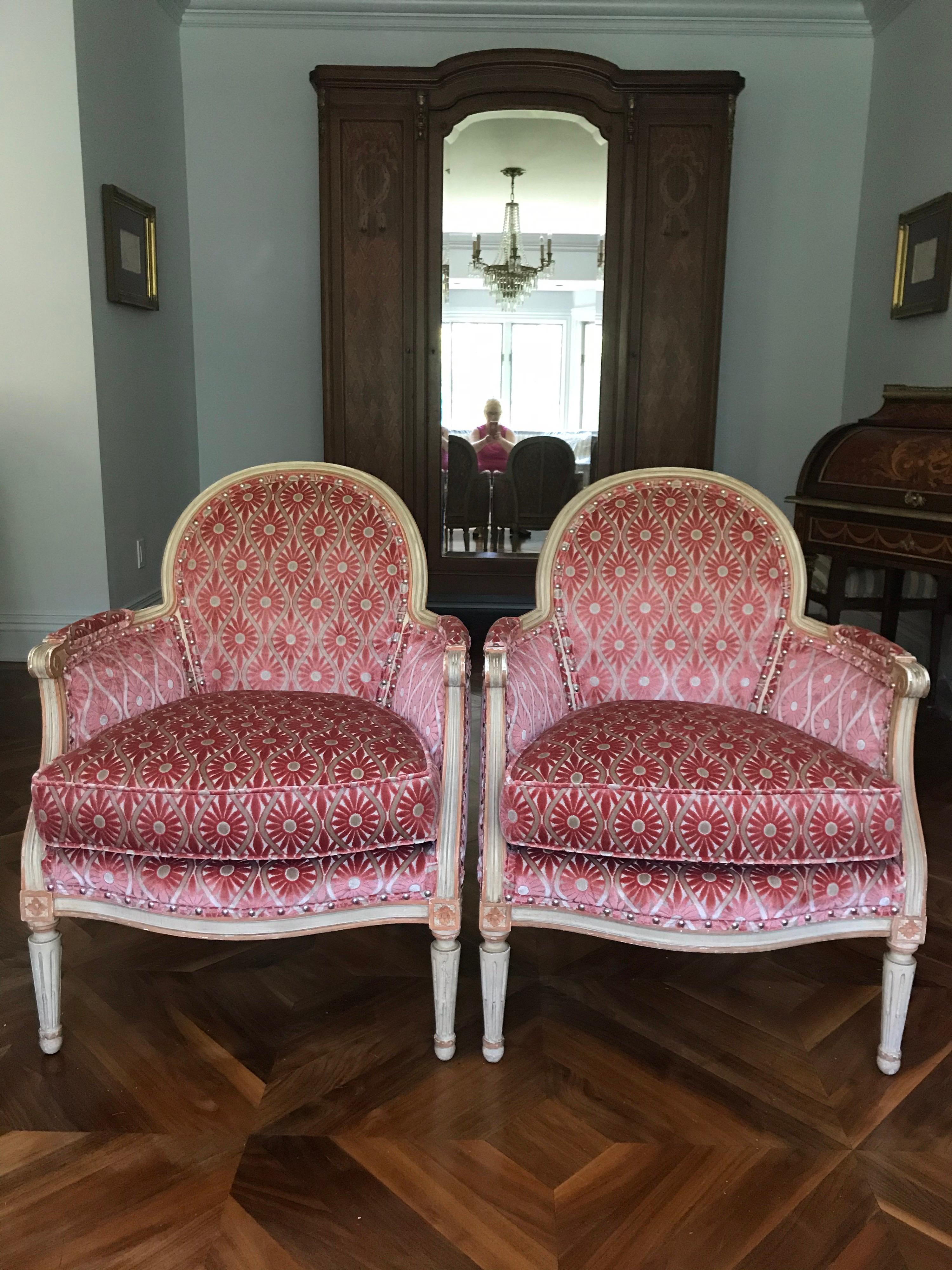 Velvet French Louis XVI Style Painted Bergère Chairs For Sale