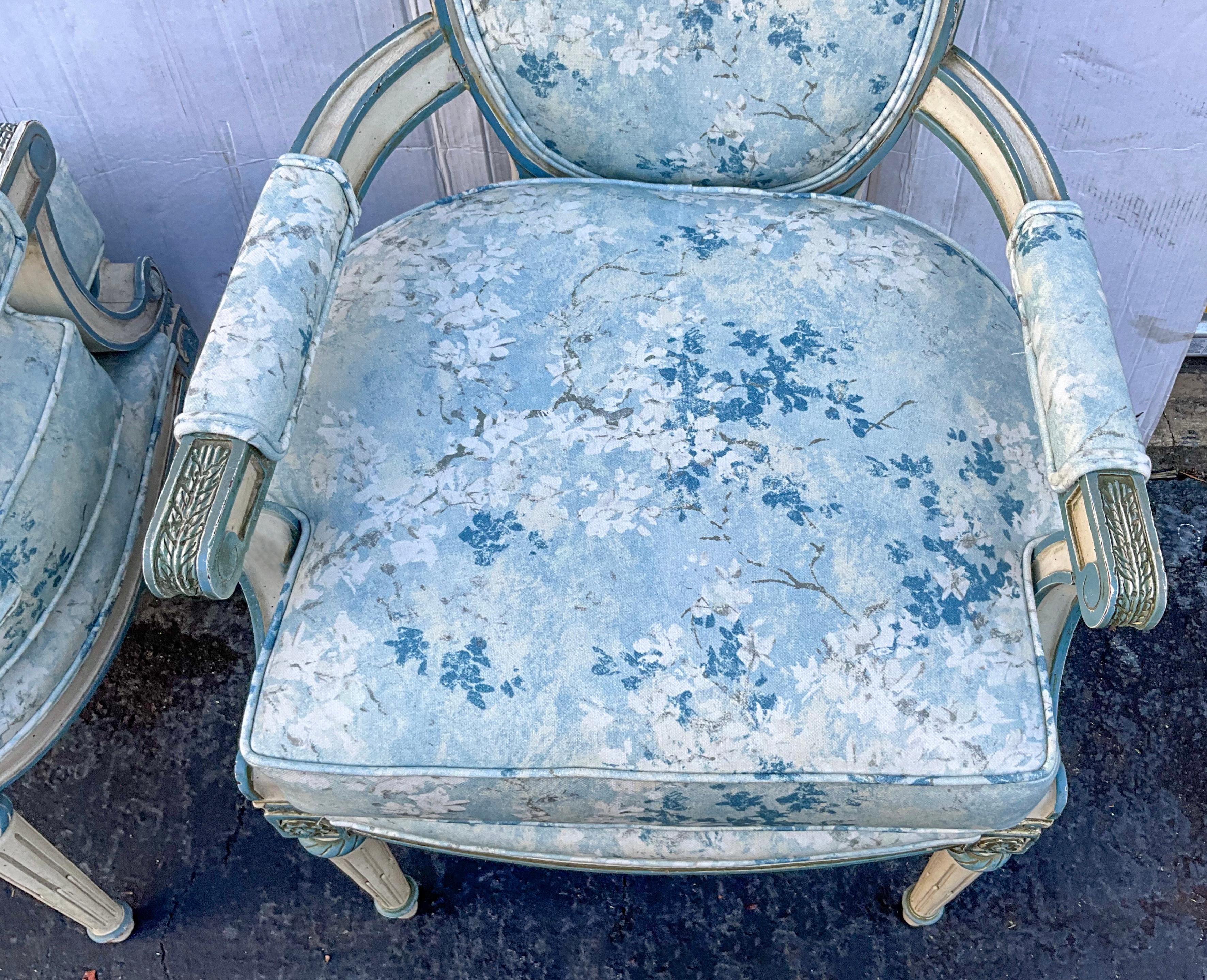 French Louis XVI Style Painted Blue Bergere Chairs In Floral Upholstery- Pair In Good Condition For Sale In Kennesaw, GA