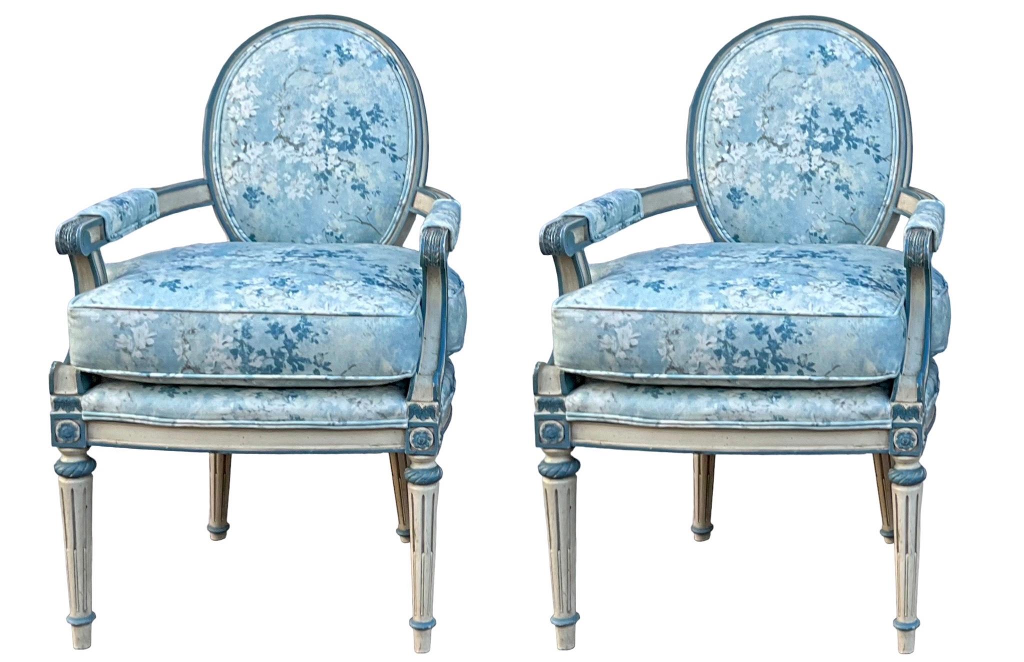 French Louis XVI Style Painted Blue Bergere Chairs In Floral Upholstery- Pair For Sale 1