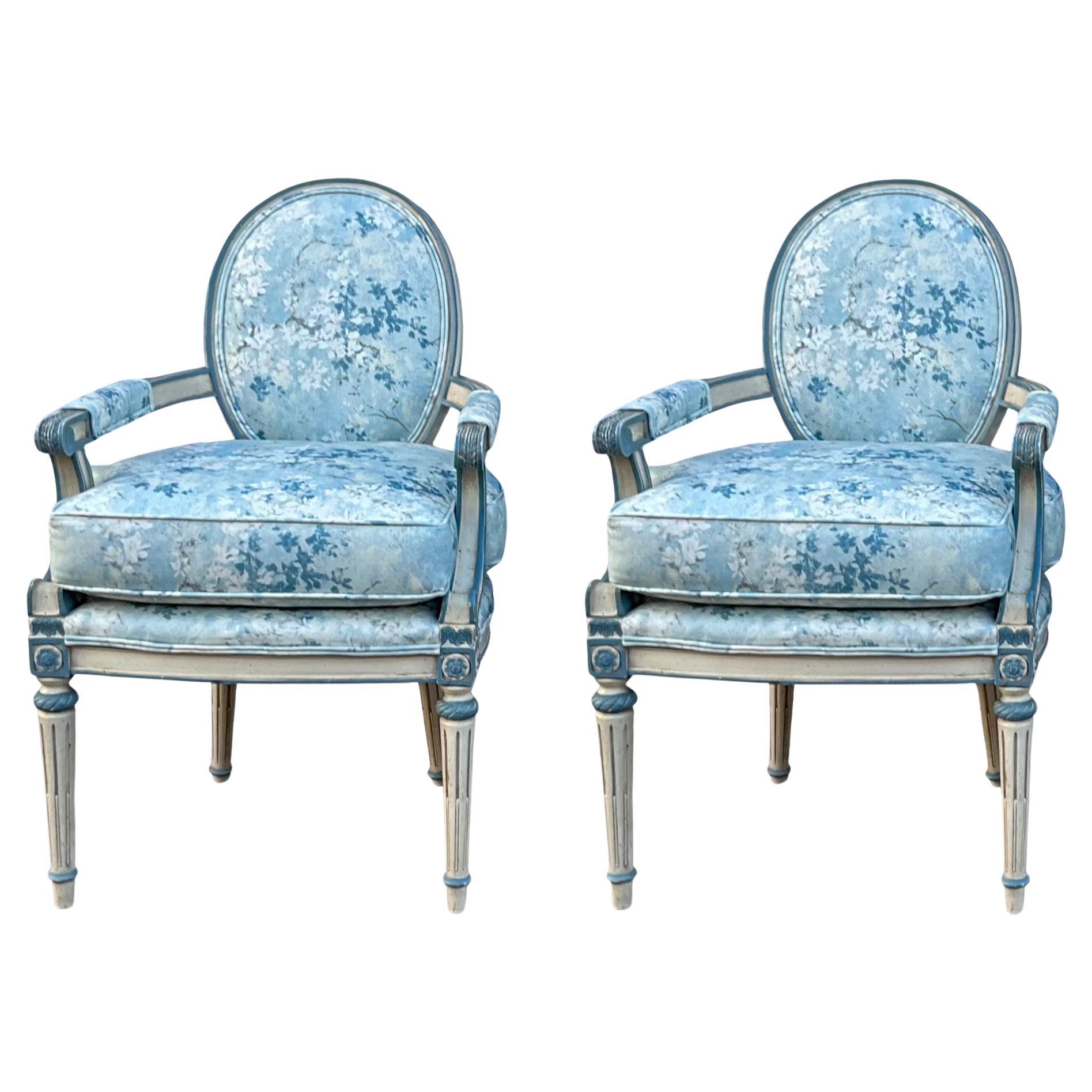 French Louis XVI Style Painted Blue Bergere Chairs In Floral Upholstery- Pair