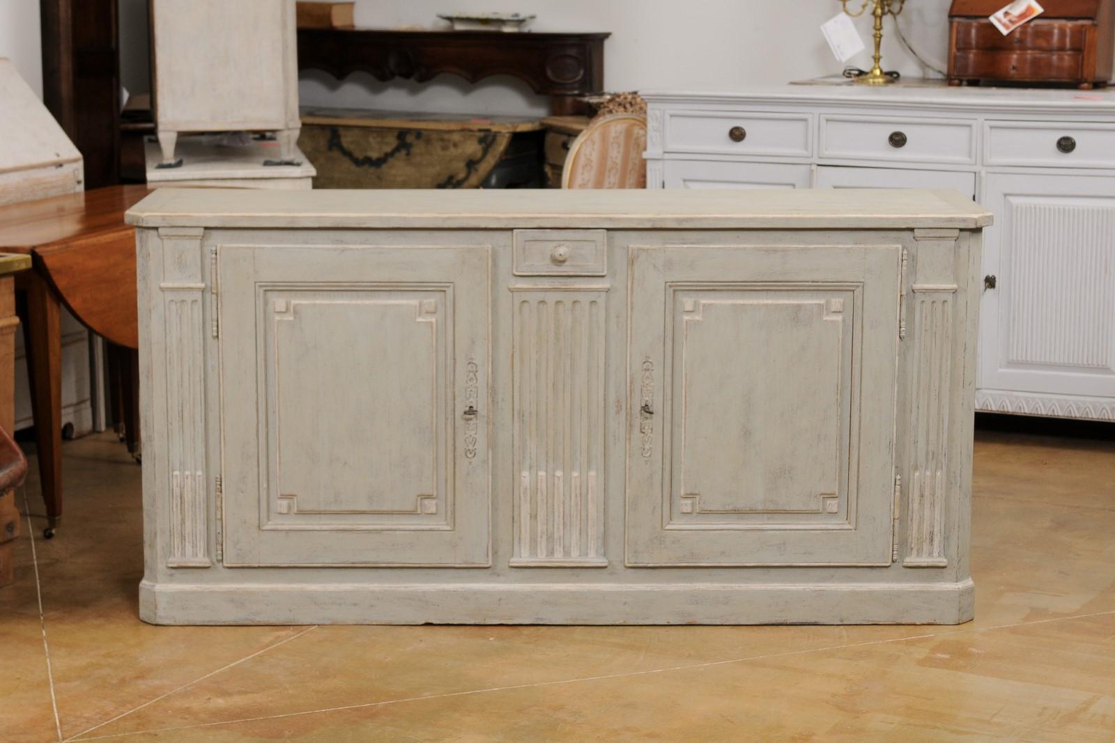 French Louis XVI Style Painted Buffet with Doors, Drawers and Carved Pilasters 6