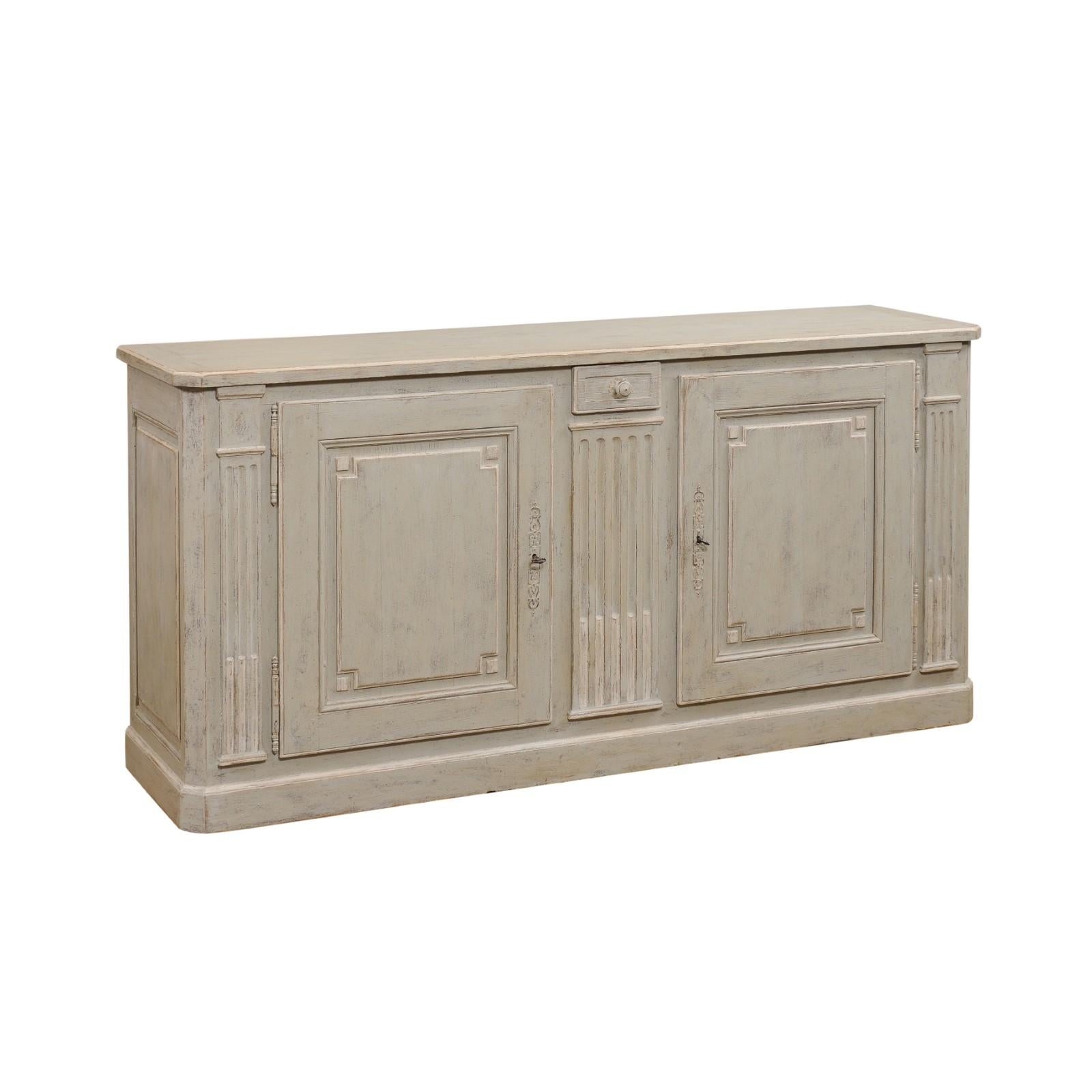 French Louis XVI Style Painted Buffet with Doors, Drawers and Carved Pilasters 8
