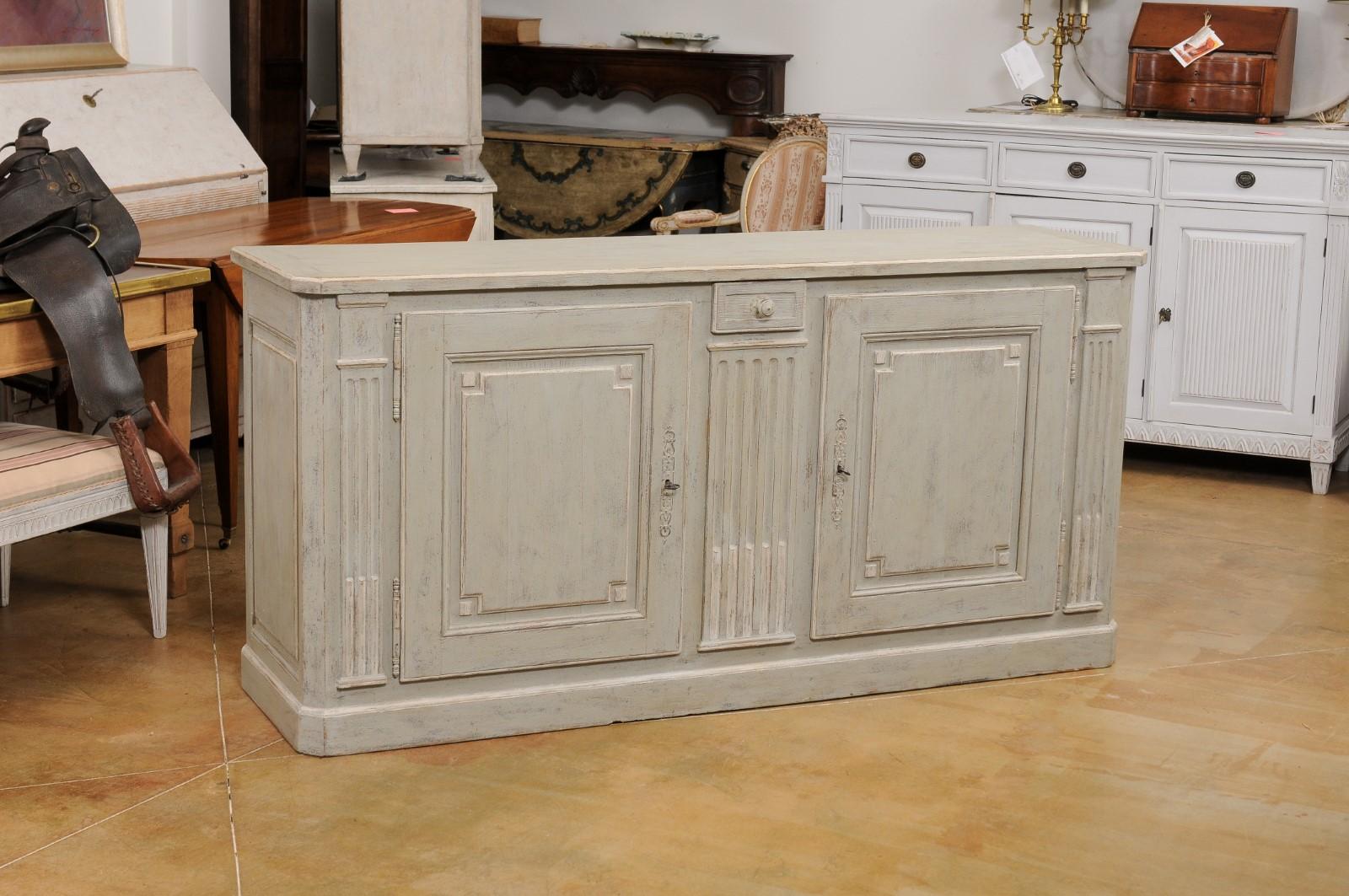 Wood French Louis XVI Style Painted Buffet with Doors, Drawers and Carved Pilasters For Sale