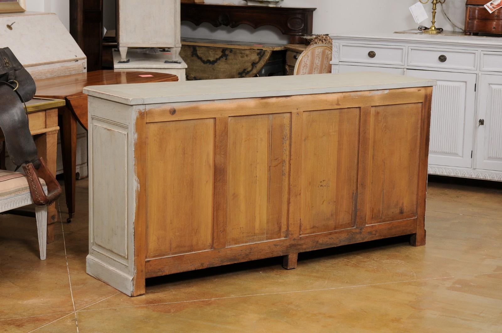 French Louis XVI Style Painted Buffet with Doors, Drawers and Carved Pilasters For Sale 1