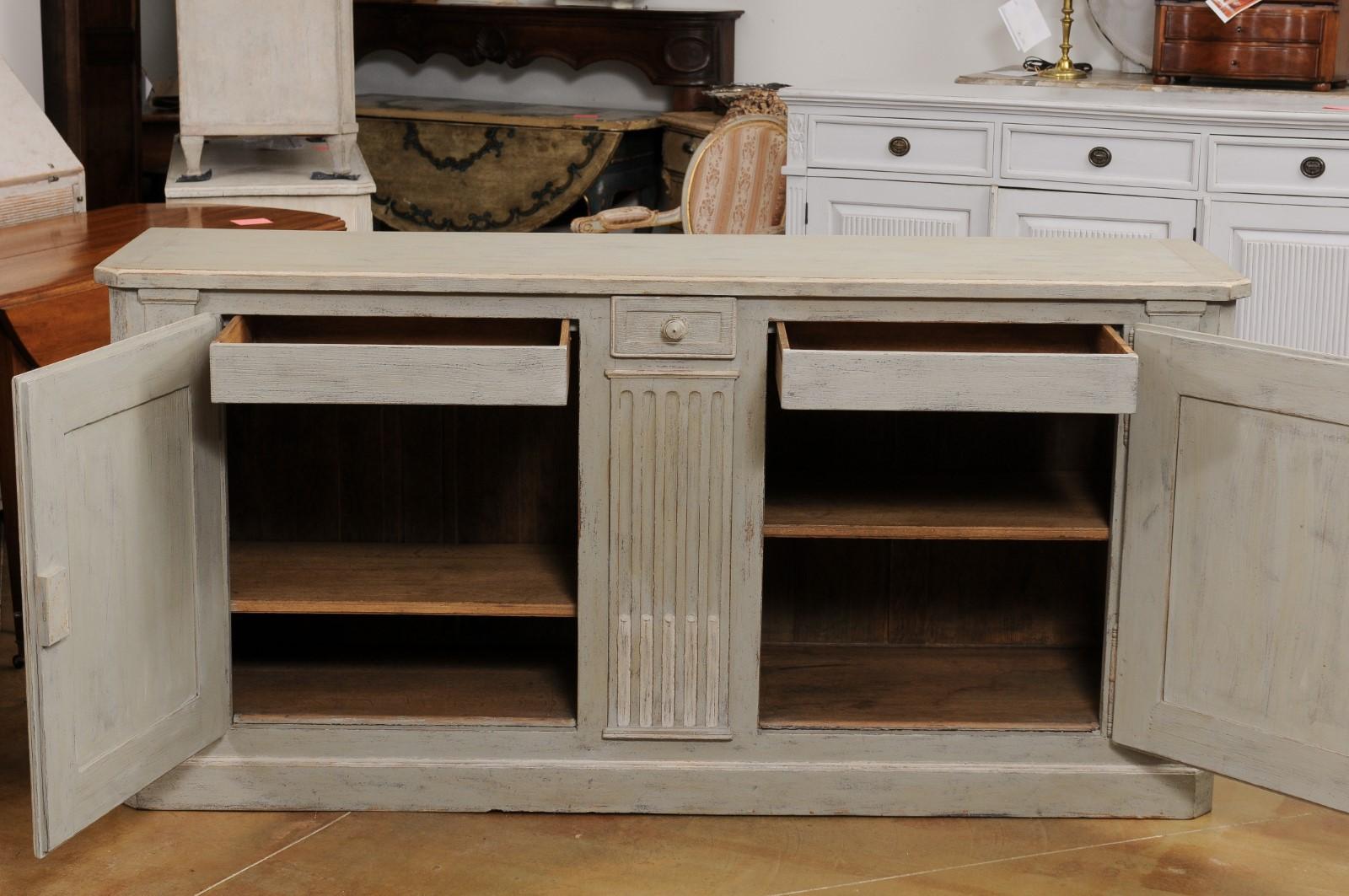 French Louis XVI Style Painted Buffet with Doors, Drawers and Carved Pilasters 3