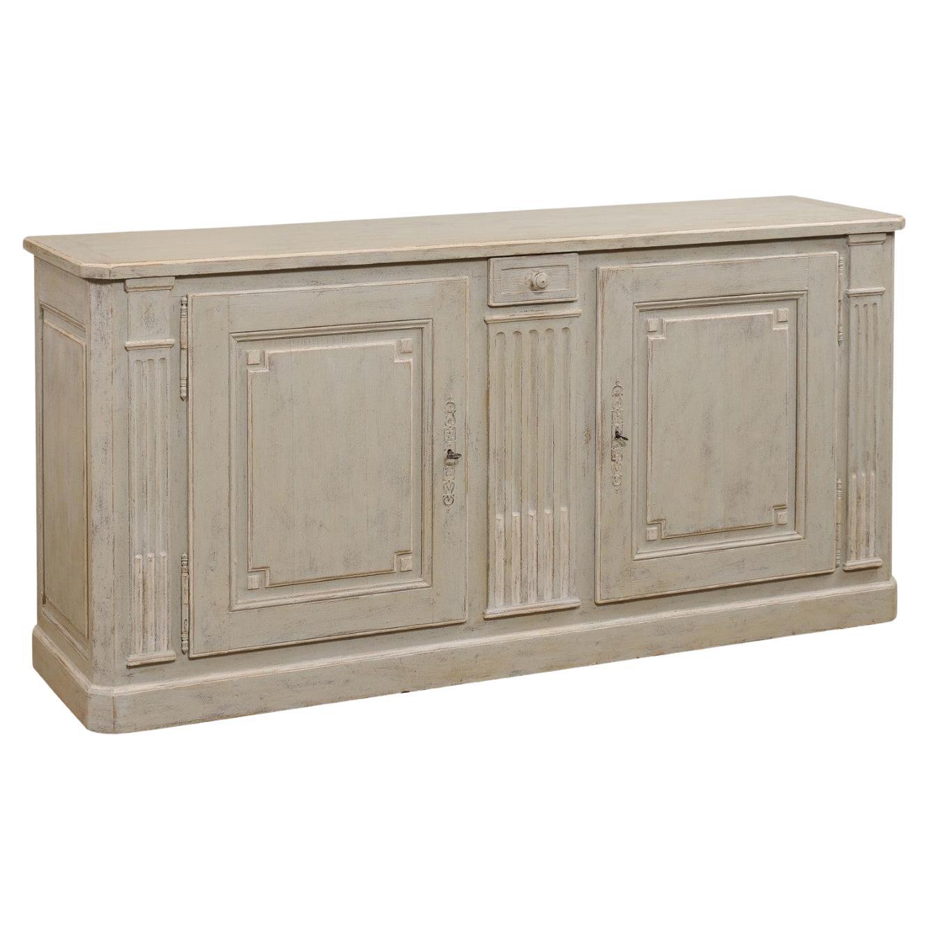French Louis XVI Style Painted Buffet with Doors, Drawers and Carved Pilasters For Sale