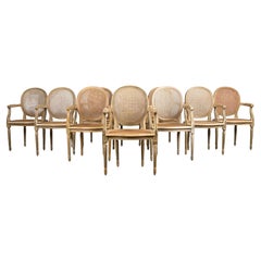 French Louis XVI Style Painted Cane Dining Armchairs - Set of 10