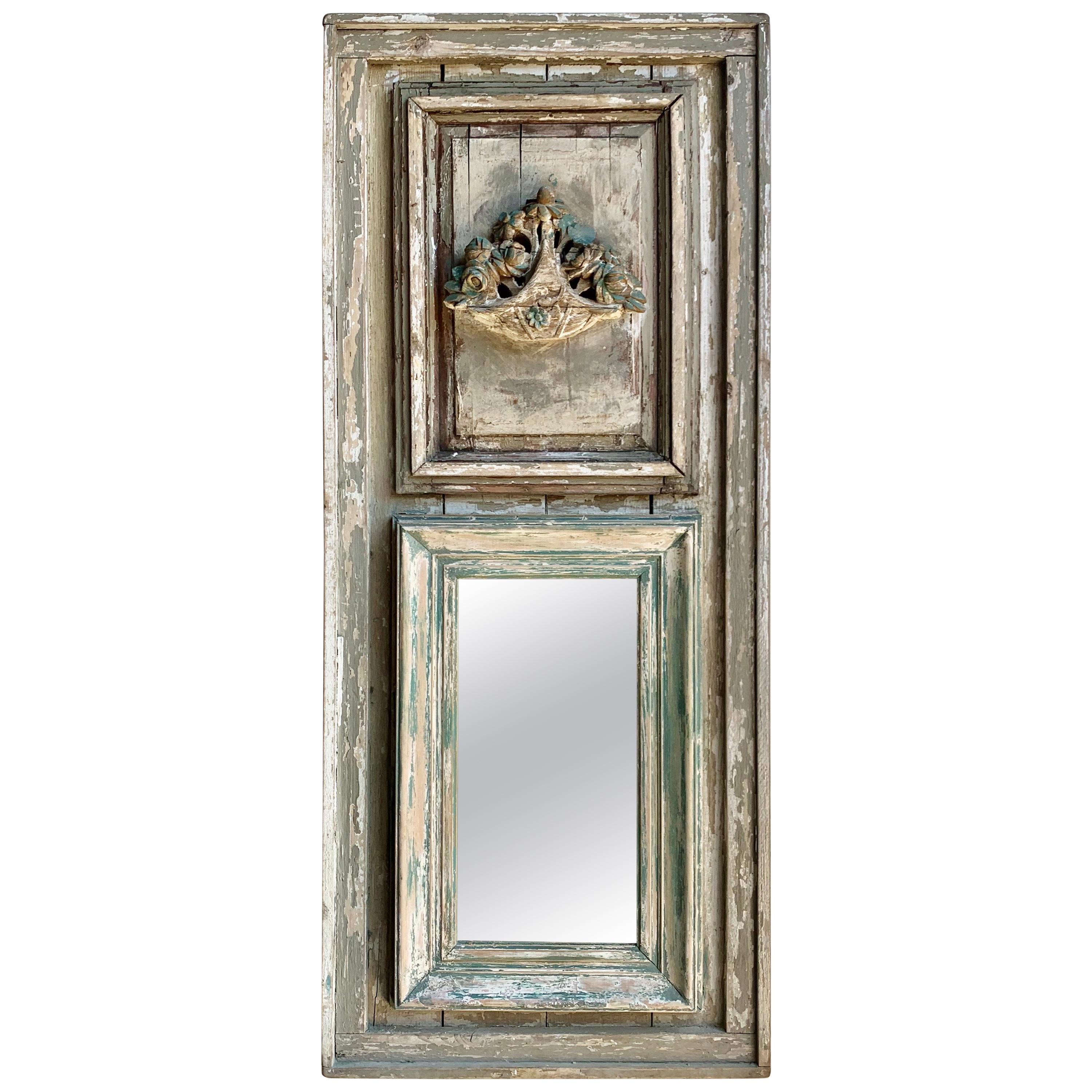 French Louis XVI Style Painted Carved Trumeau Mirror, circa 1900s