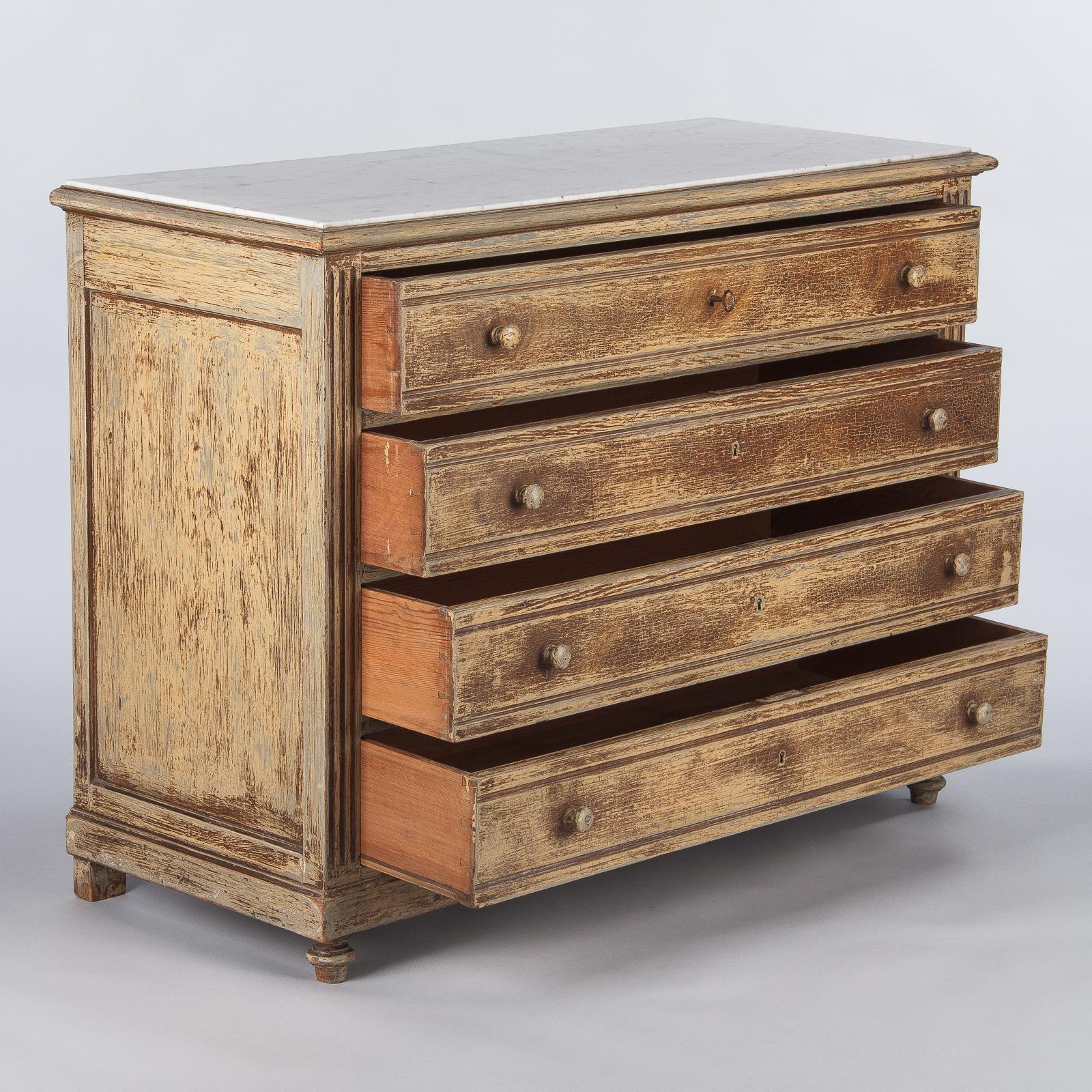 Cerused French Louis XVI Style Painted Chest of Drawers with Marble Top, 1900s